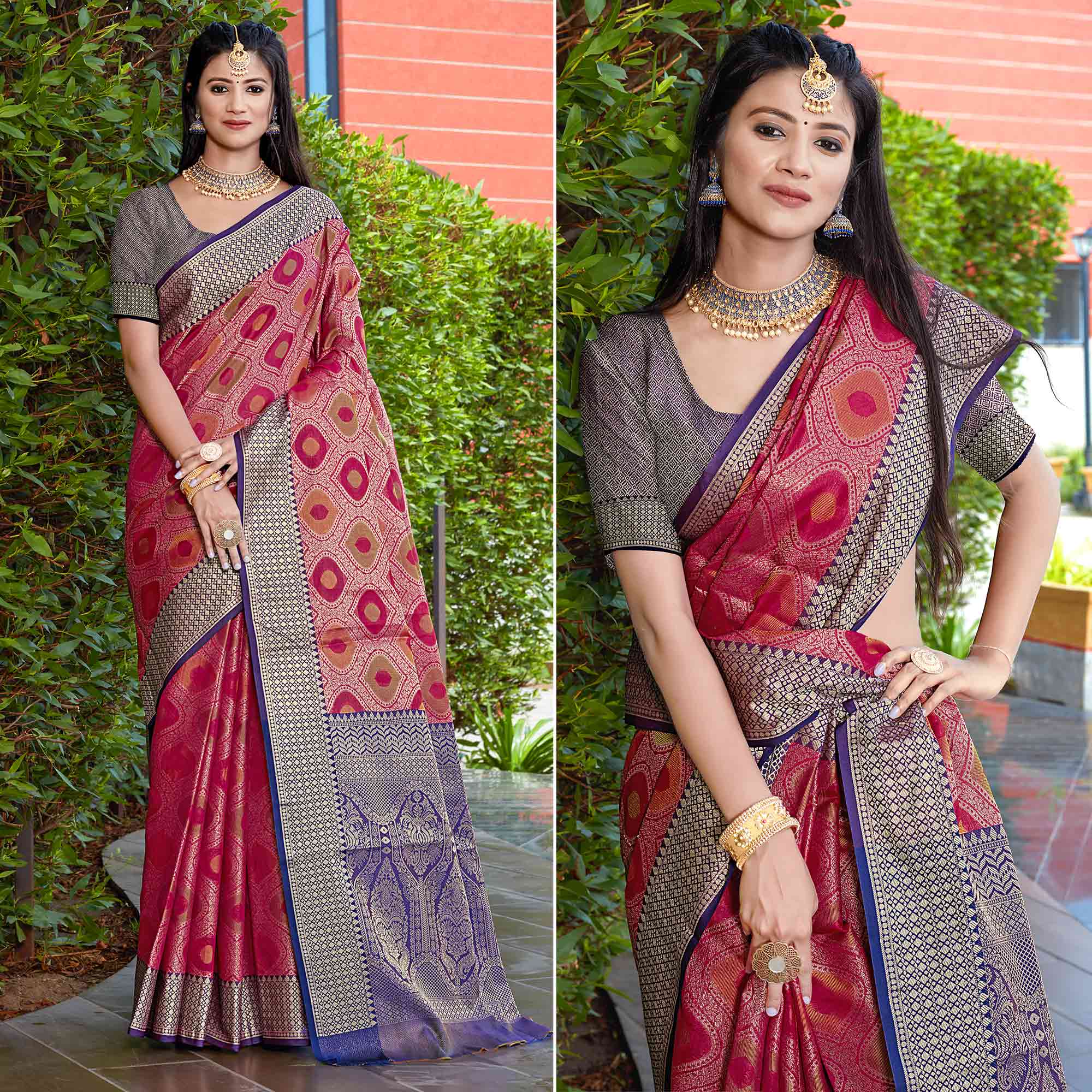 Rani Pink Woven Art Silk Saree