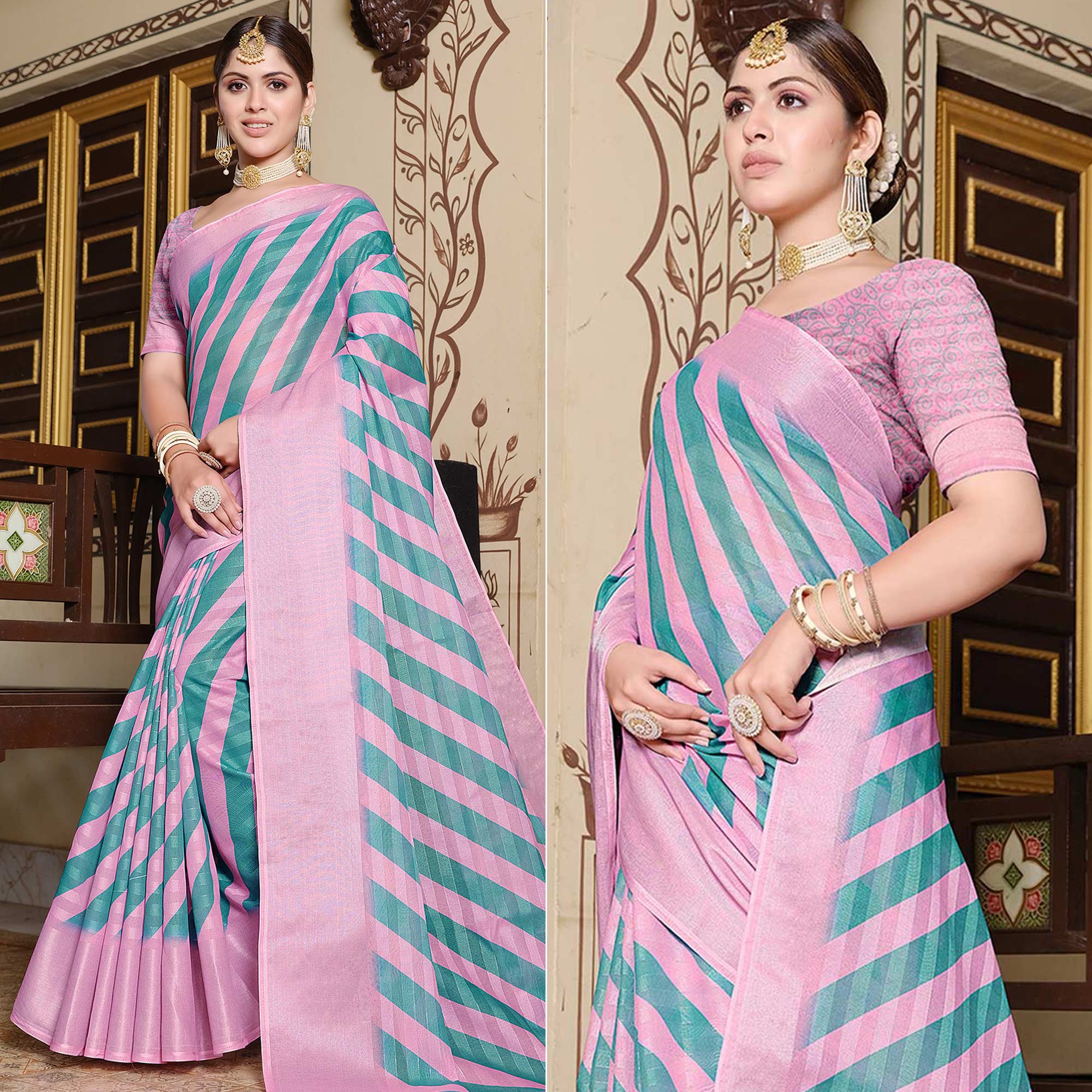 Baby Pink Printed Pure Cotton Saree