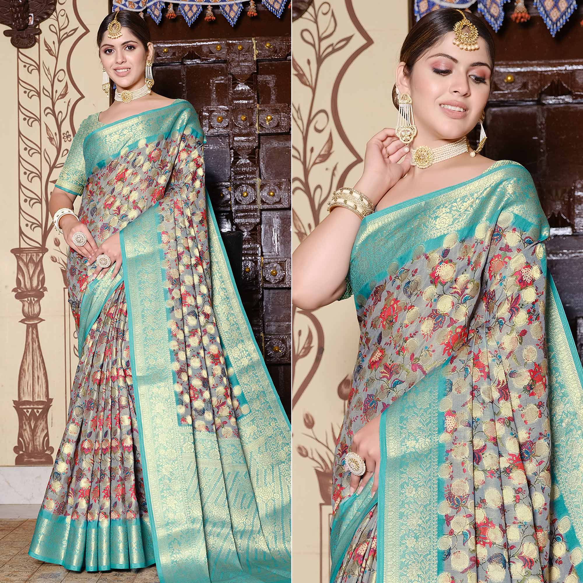 Grey & Turquoise Floral Printed Pure Cotton Saree