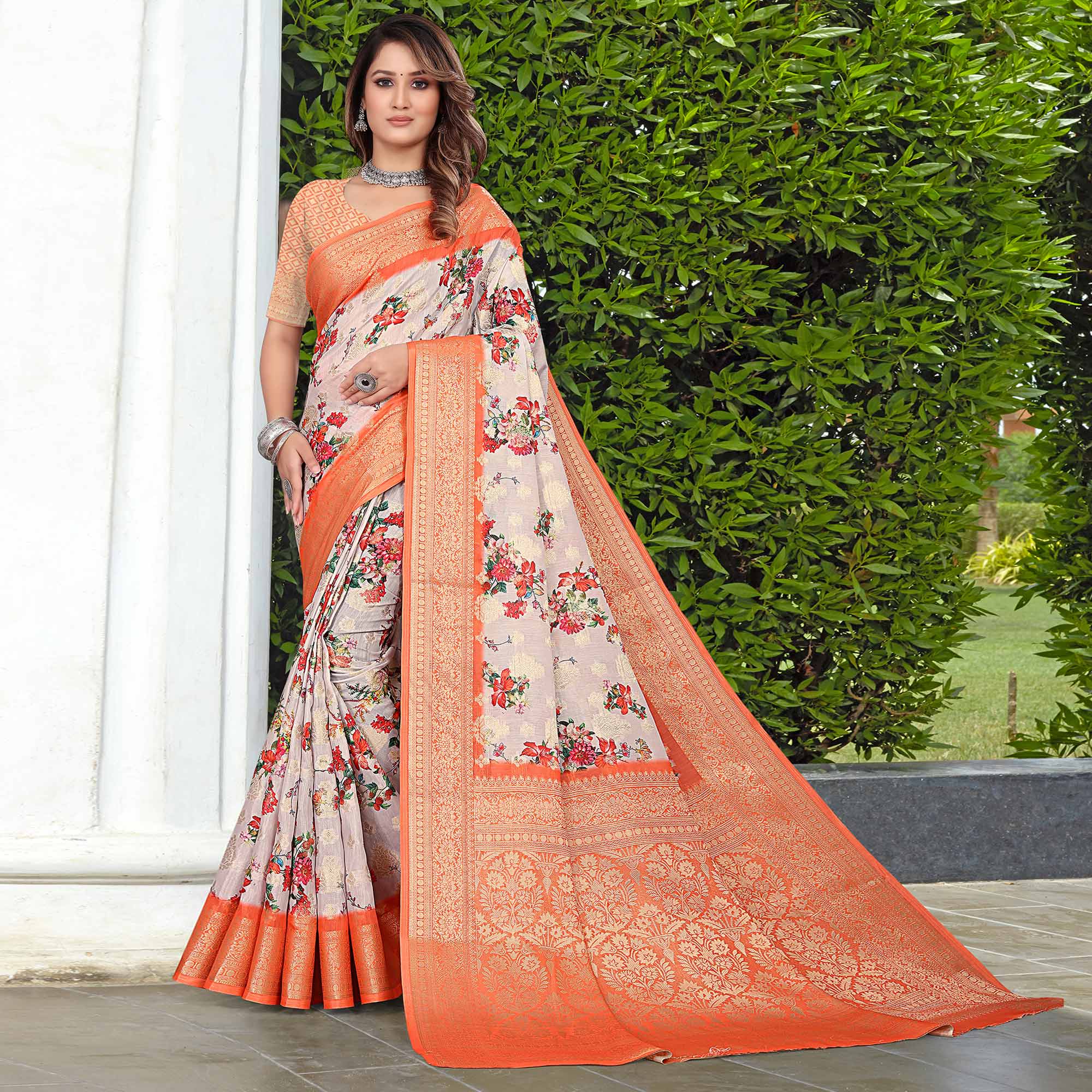 Light Purple & Orange Floral Printed Pure Cotton Saree