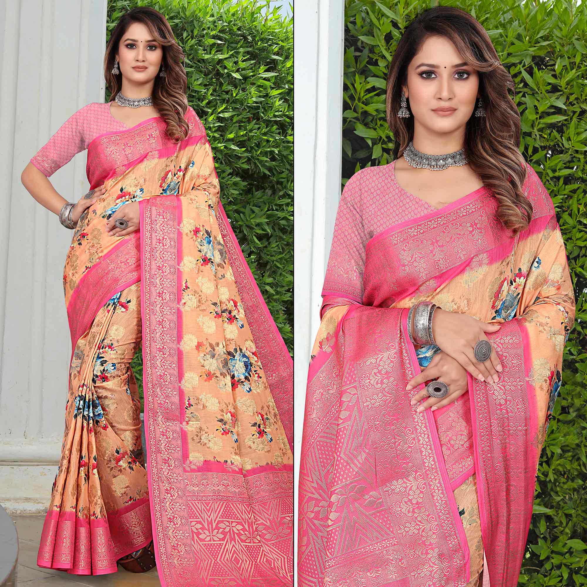 Orange & Pink Floral Printed Pure Cotton Saree