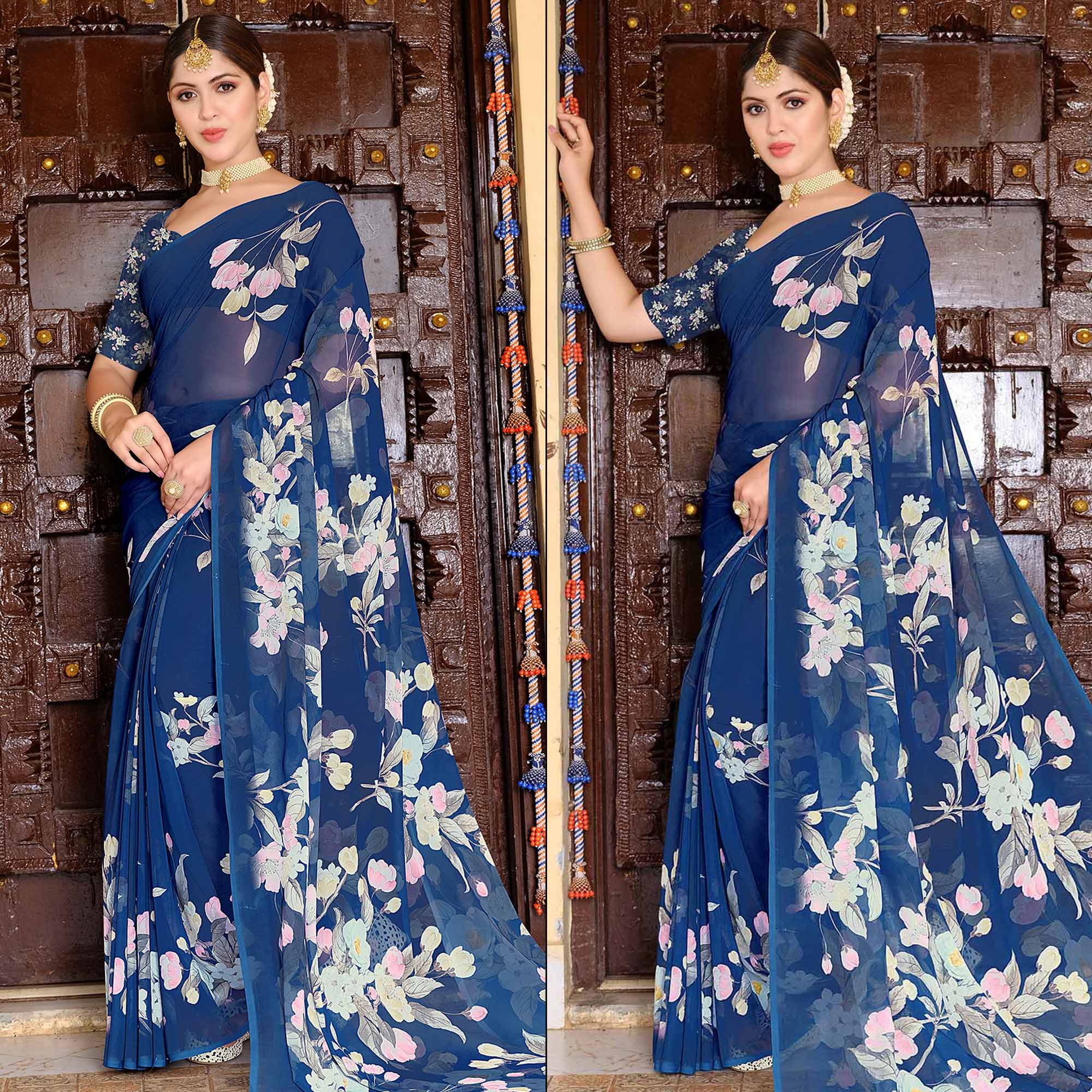 Blue Floral Digital Printed Georgette Saree