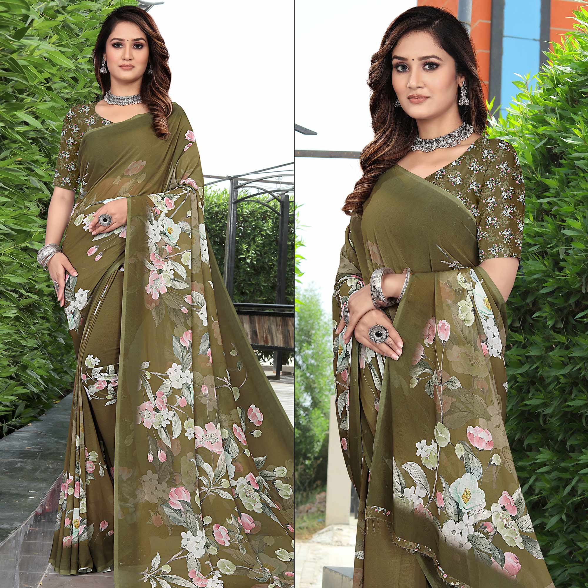 Mehandi Green Floral Digital Printed Georgette Saree