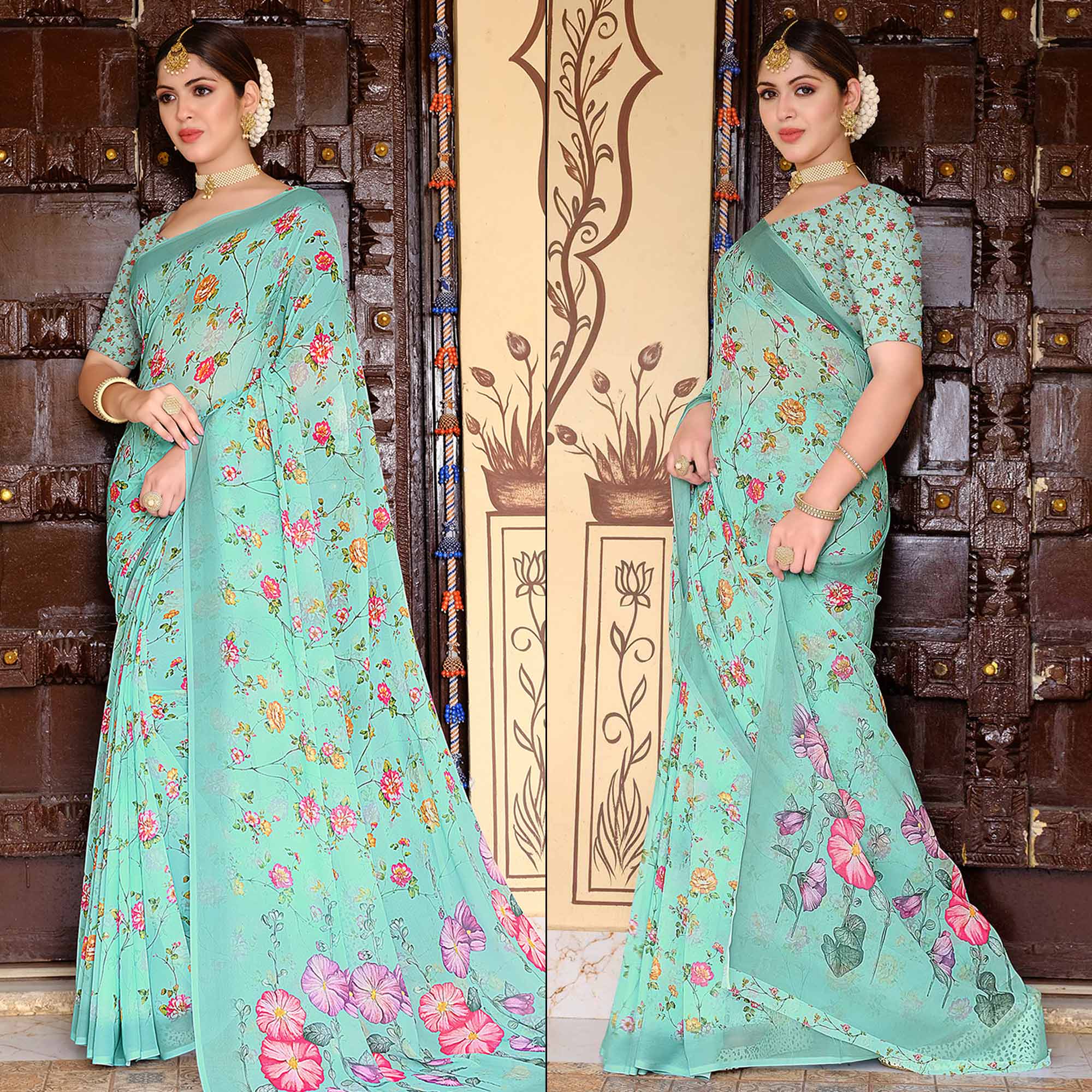 Turquoise Floral Digital Printed Georgette Saree