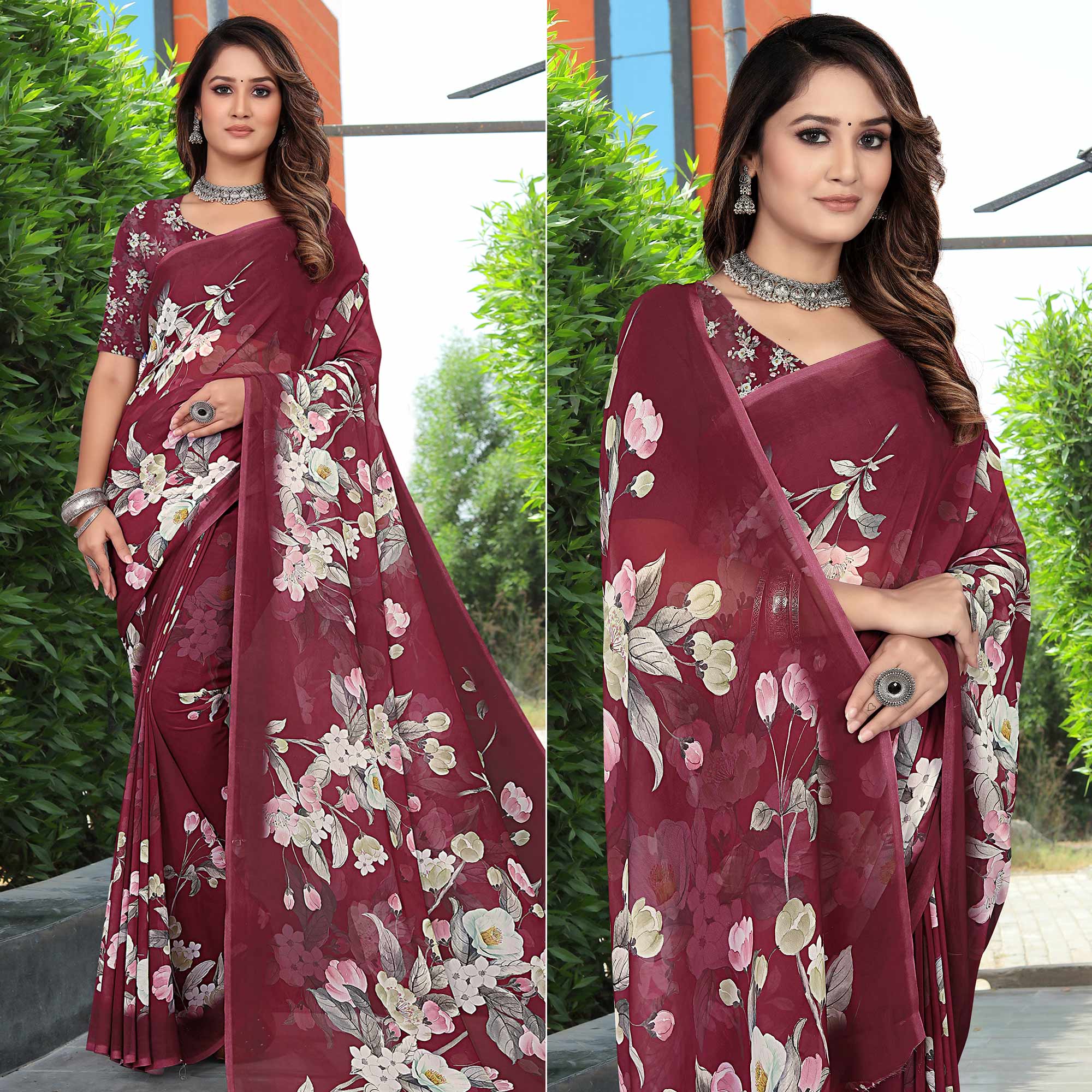 Maroon Floral Digital Printed Georgette Saree