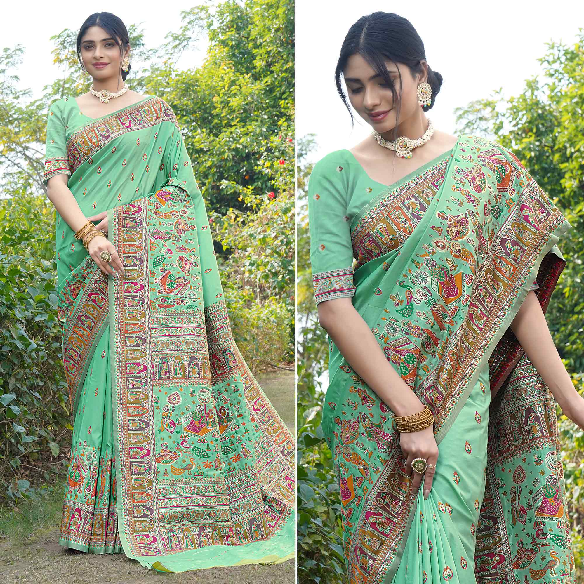 Sea Green Woven Pure Silk Saree