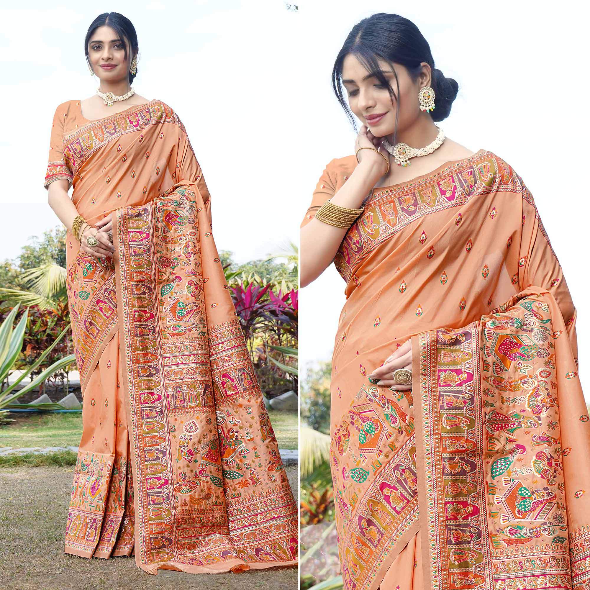 Peach Moss Silk Saree with Velvet Lace Border & Zari Embroidery with Viscose Velvet Blouse main image 1