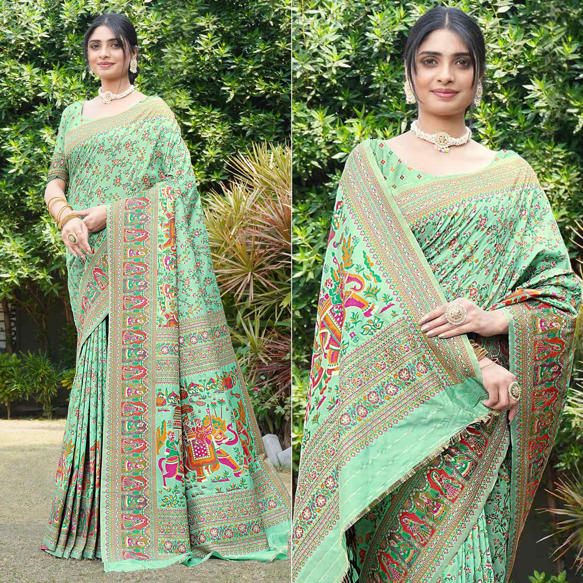 Sea Green Floral Purple Woven Pure Silk Saree