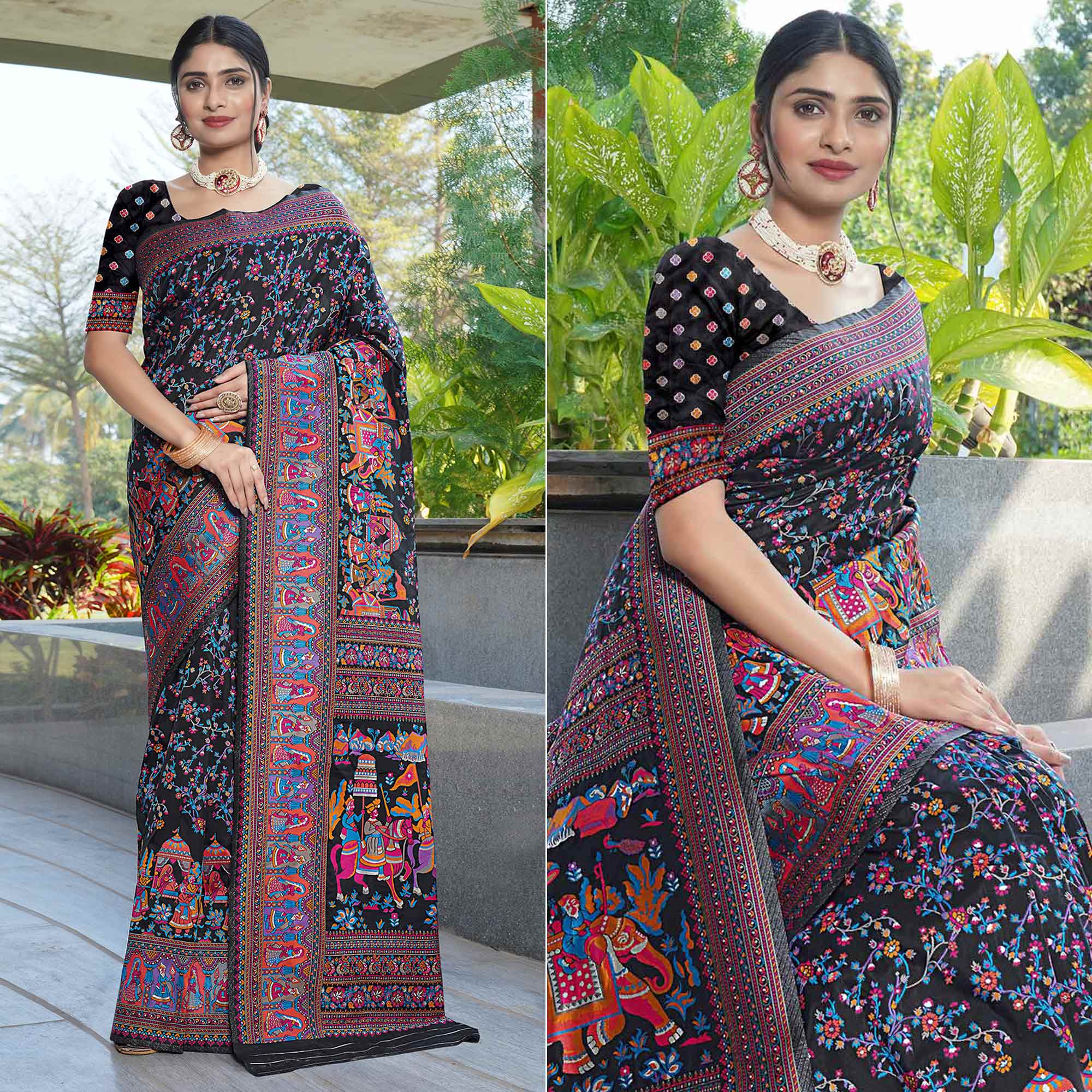 Black Floral Purple Woven Pure Silk Saree