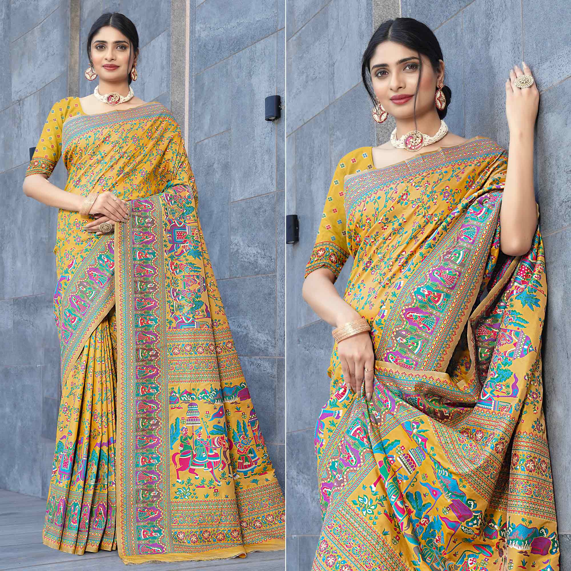 Mustard Floral Purple Woven Pure Silk Saree