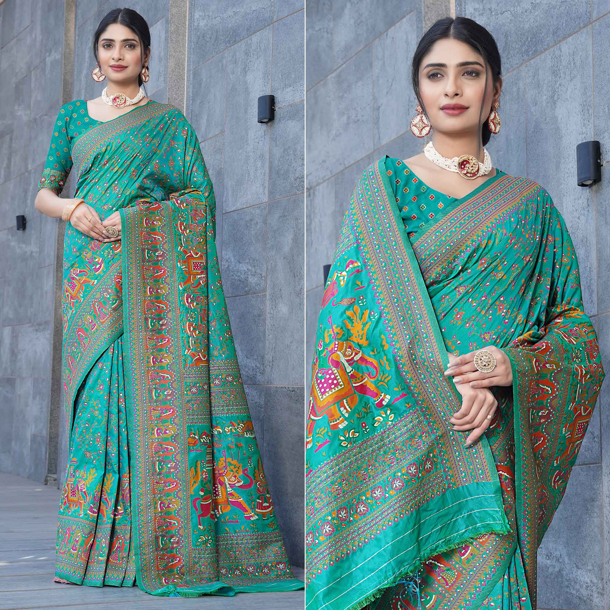 Rama Green Floral Purple Woven Pure Silk Saree