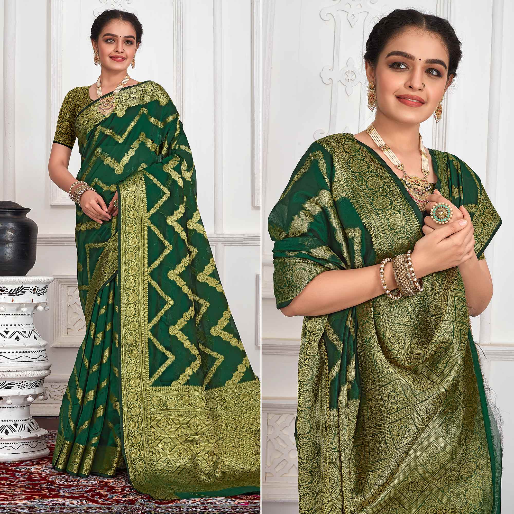 Green Floral Woven Organza Saree