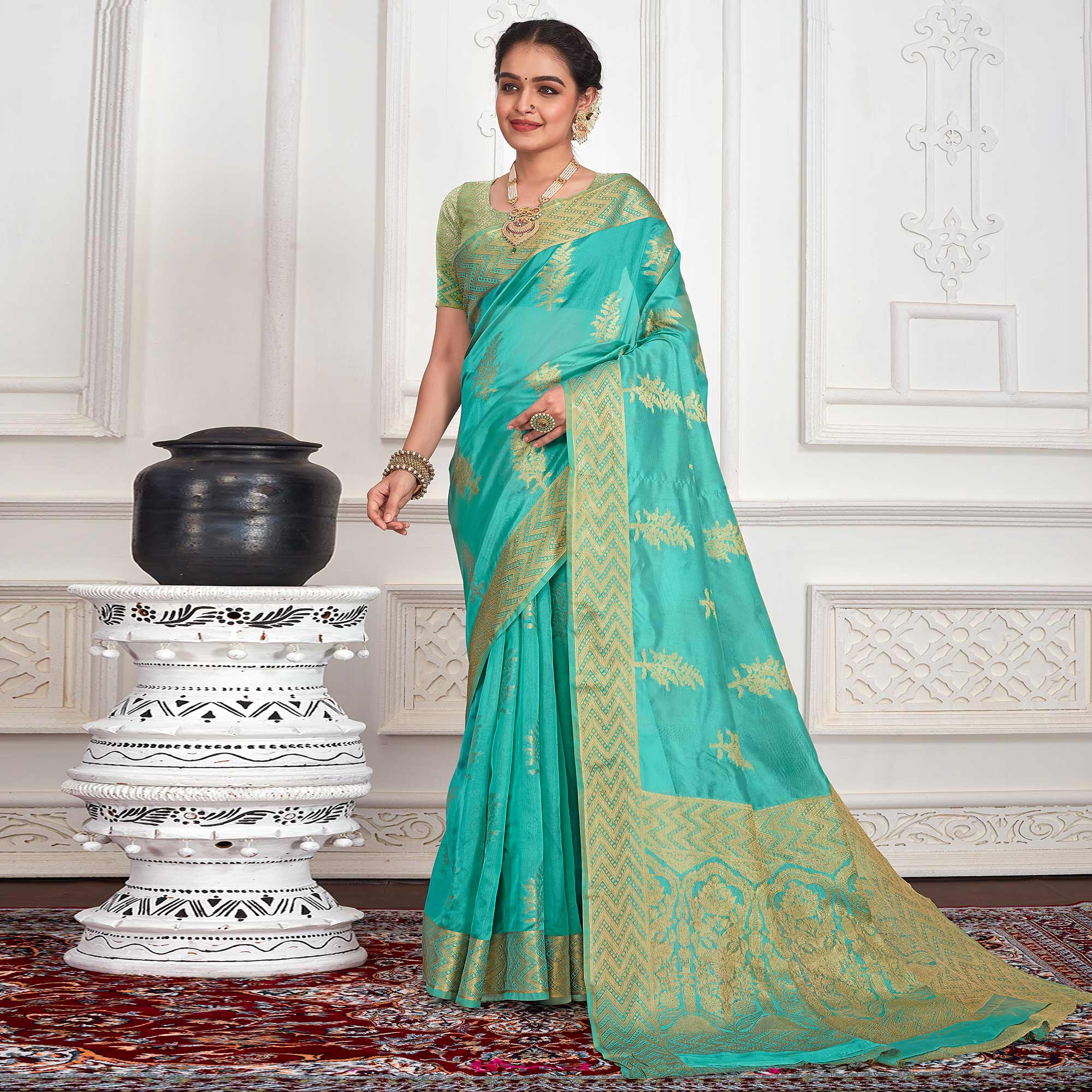 Turquoise Floral Woven Organza Saree
