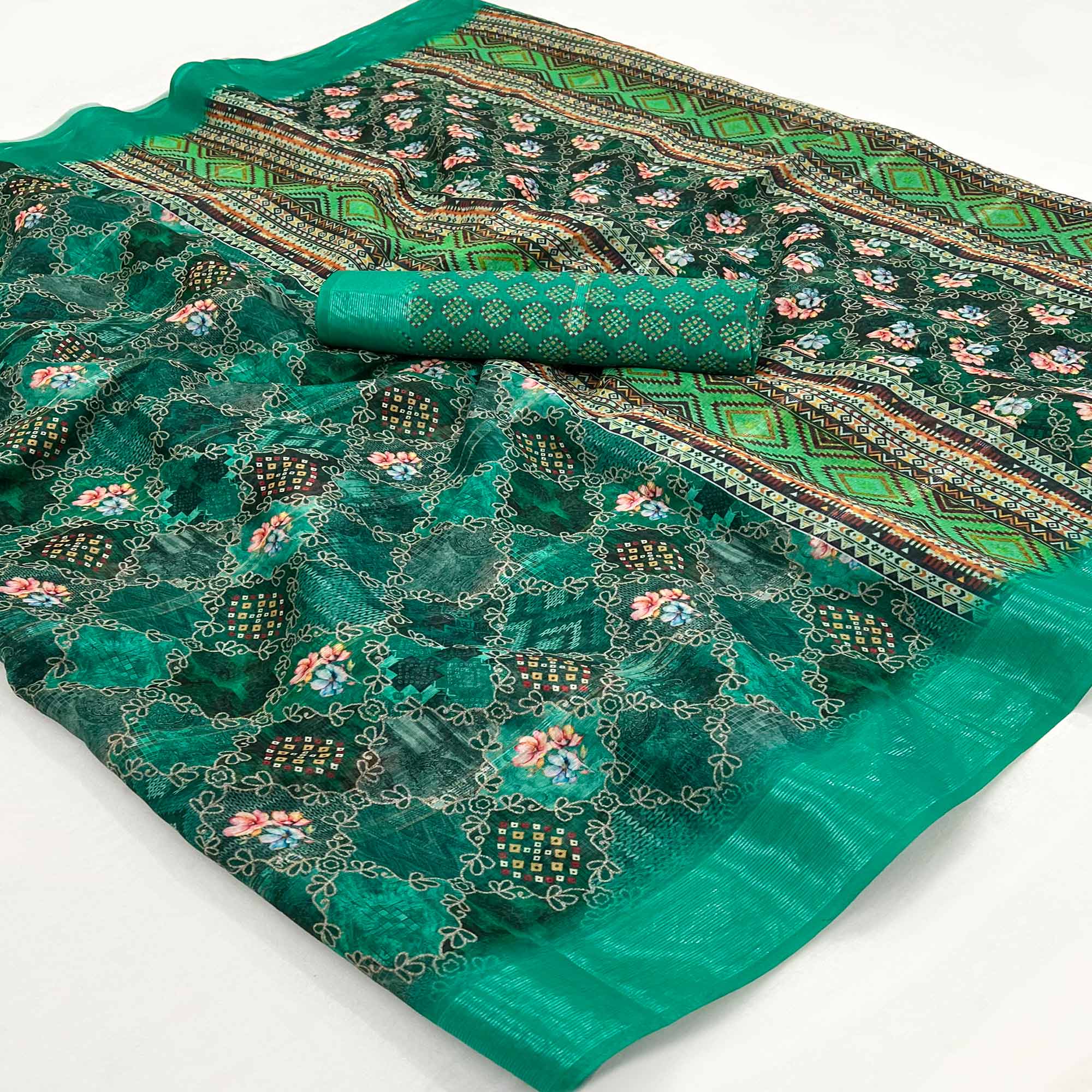 Rama Green Floral Digital Printed Cotton Blend Saree