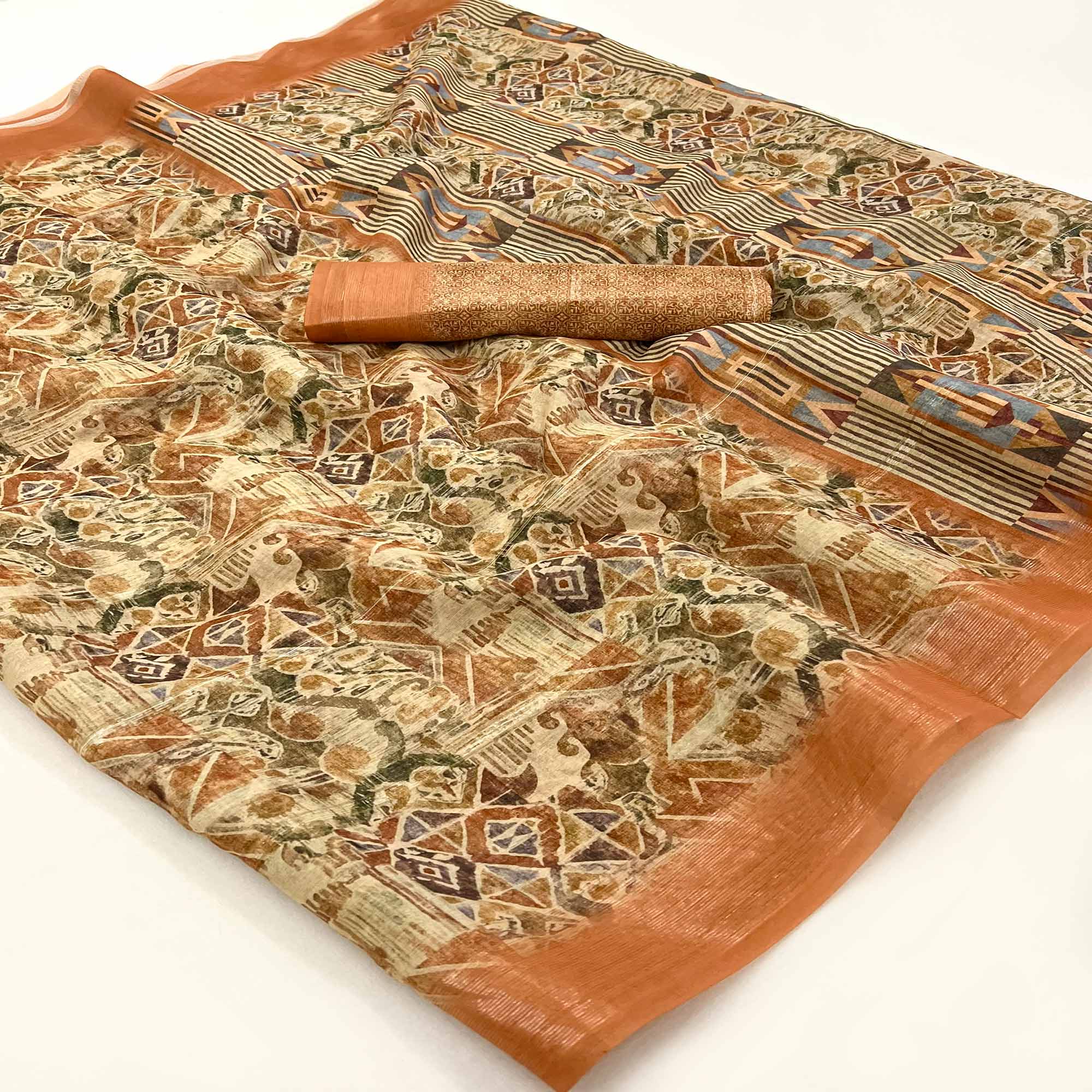 Cream & Peach Digital Printed Cotton Blend Saree