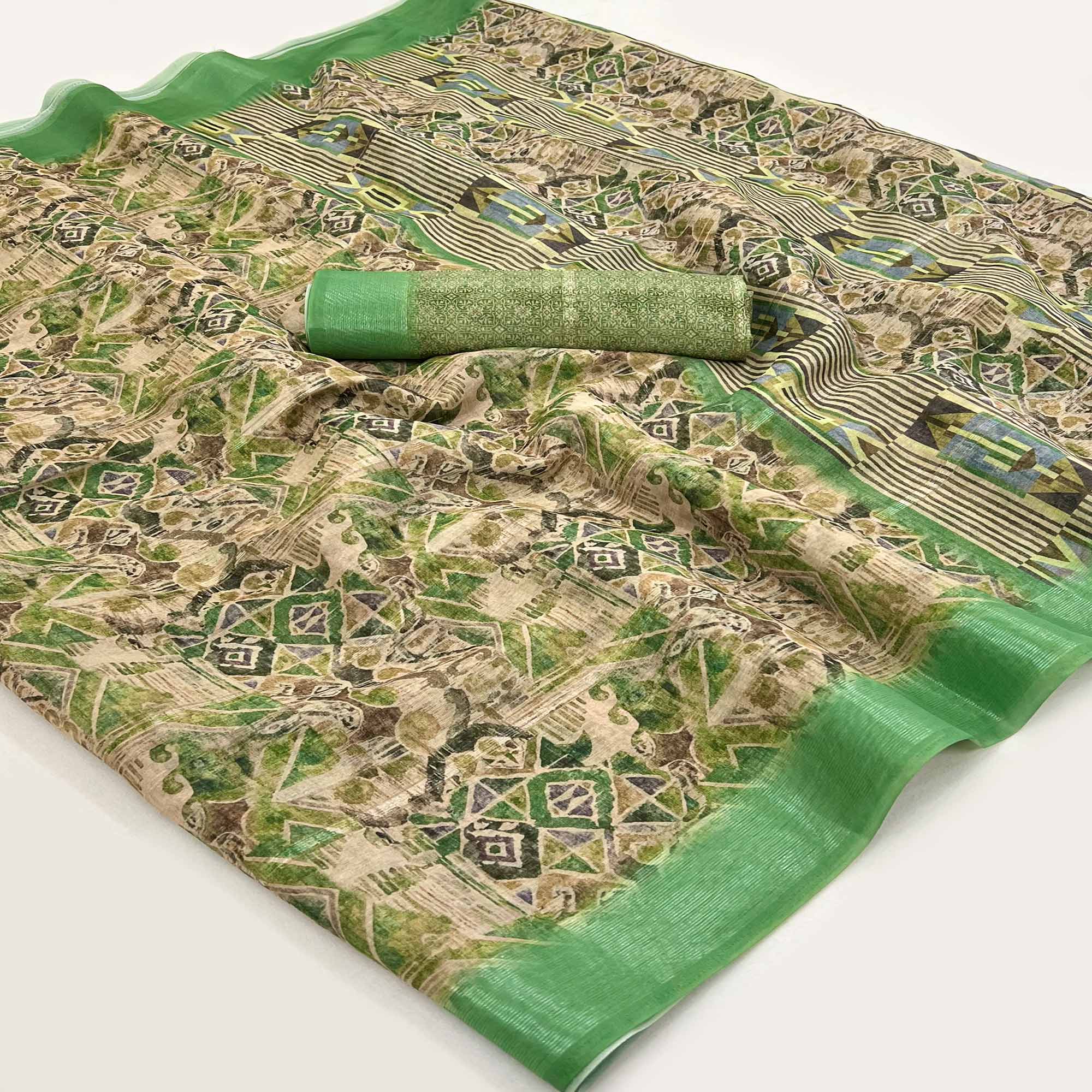 Cream & Green Digital Printed Cotton Blend Saree