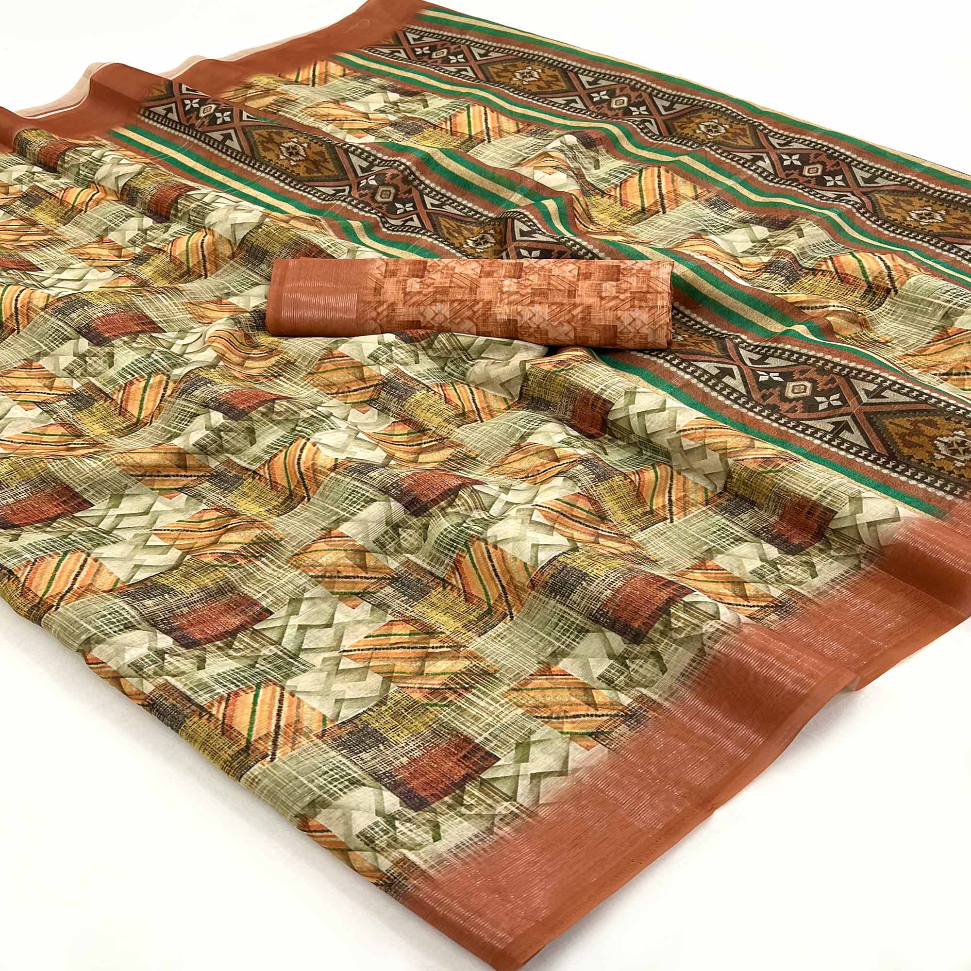 Brown Digital Printed Cotton Blend Saree