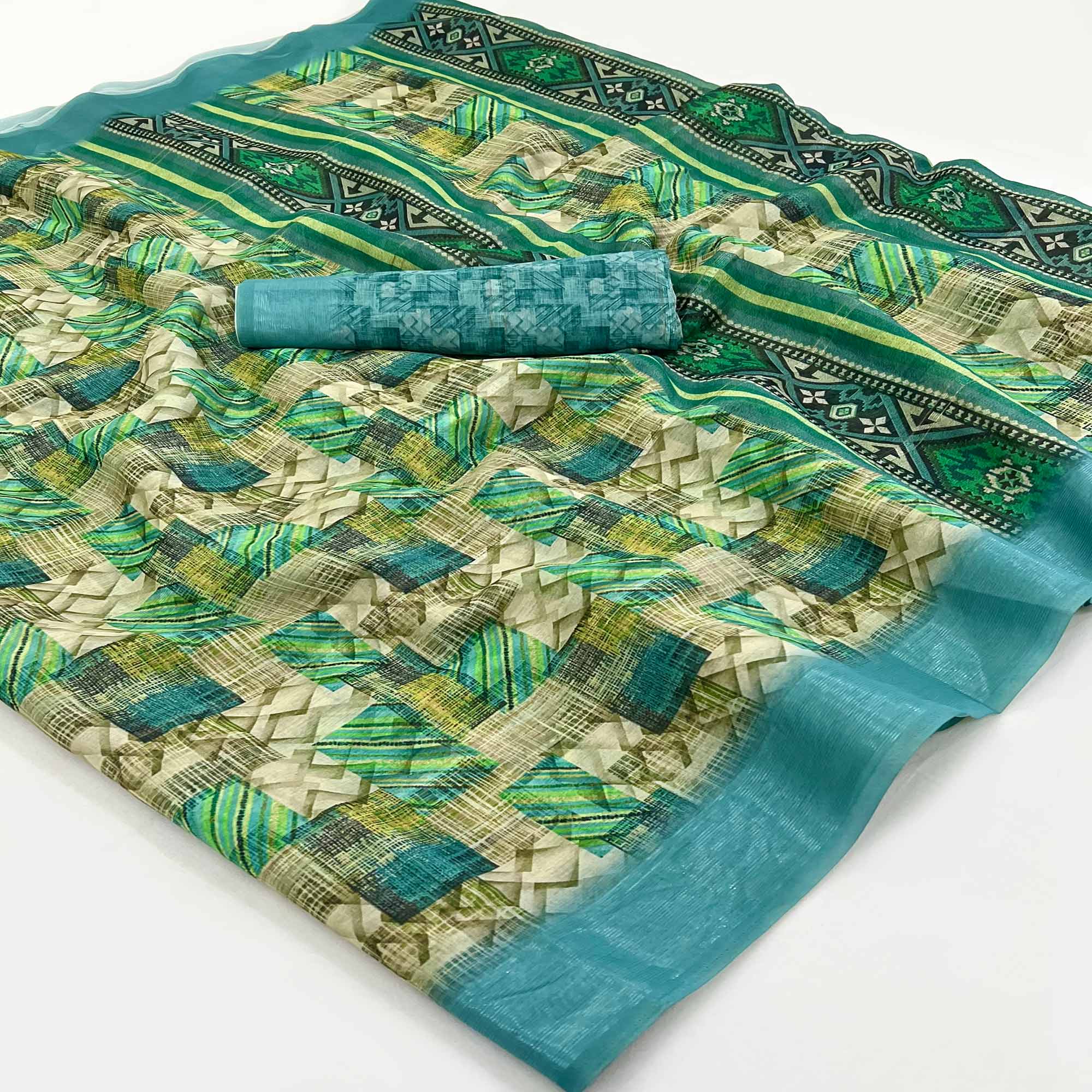 Green & Blue Digital Printed Cotton Blend Saree