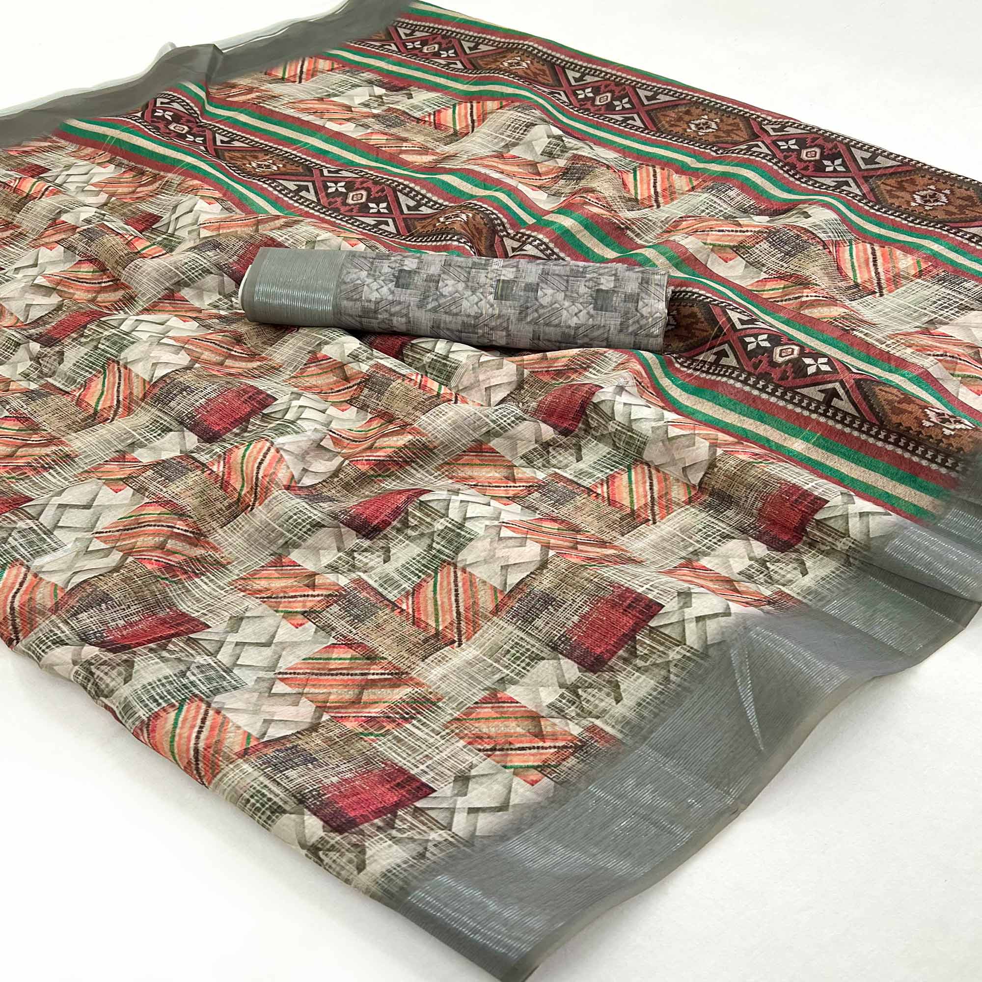 Grey Digital Printed Cotton Blend Saree