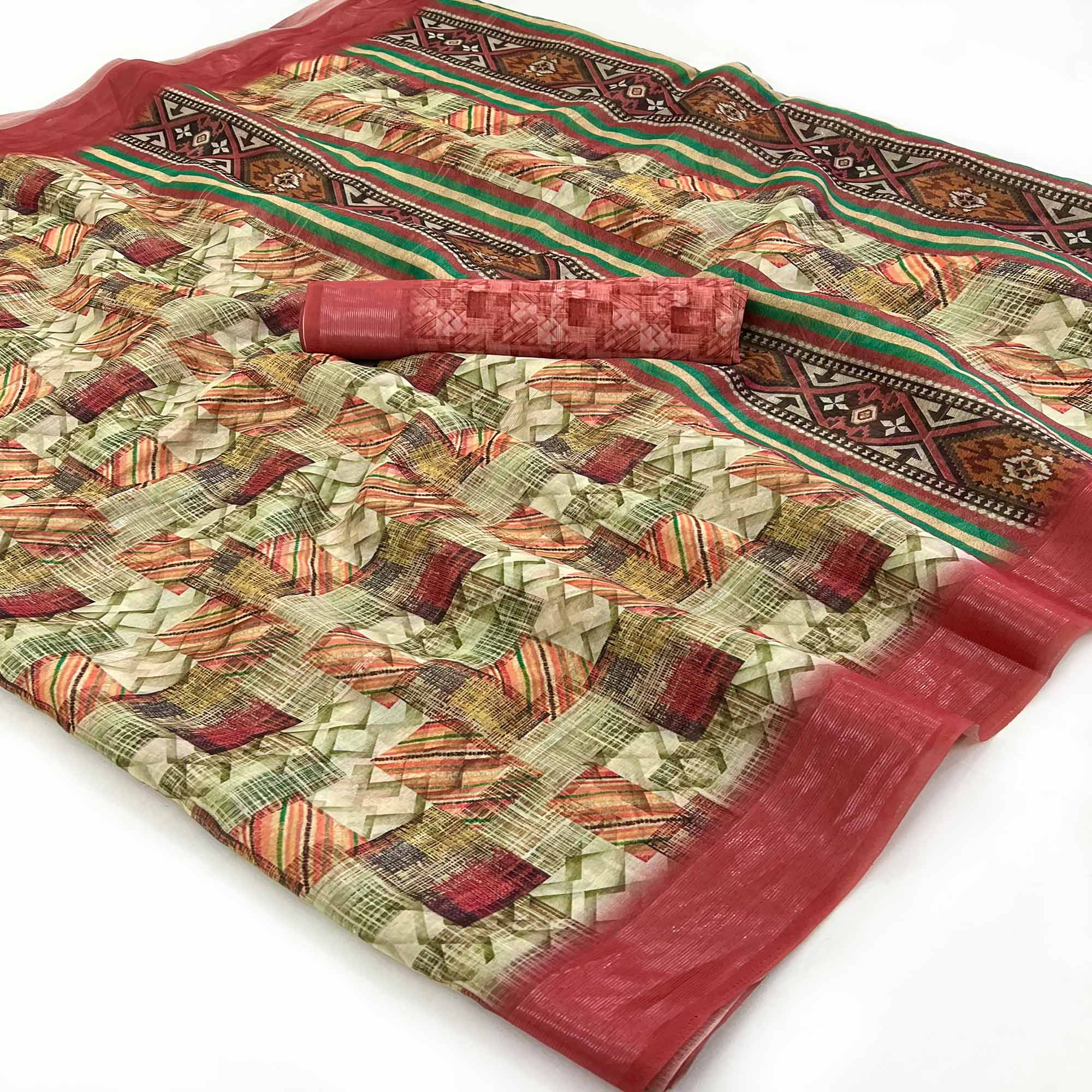 Rust Digital Printed Cotton Blend Saree