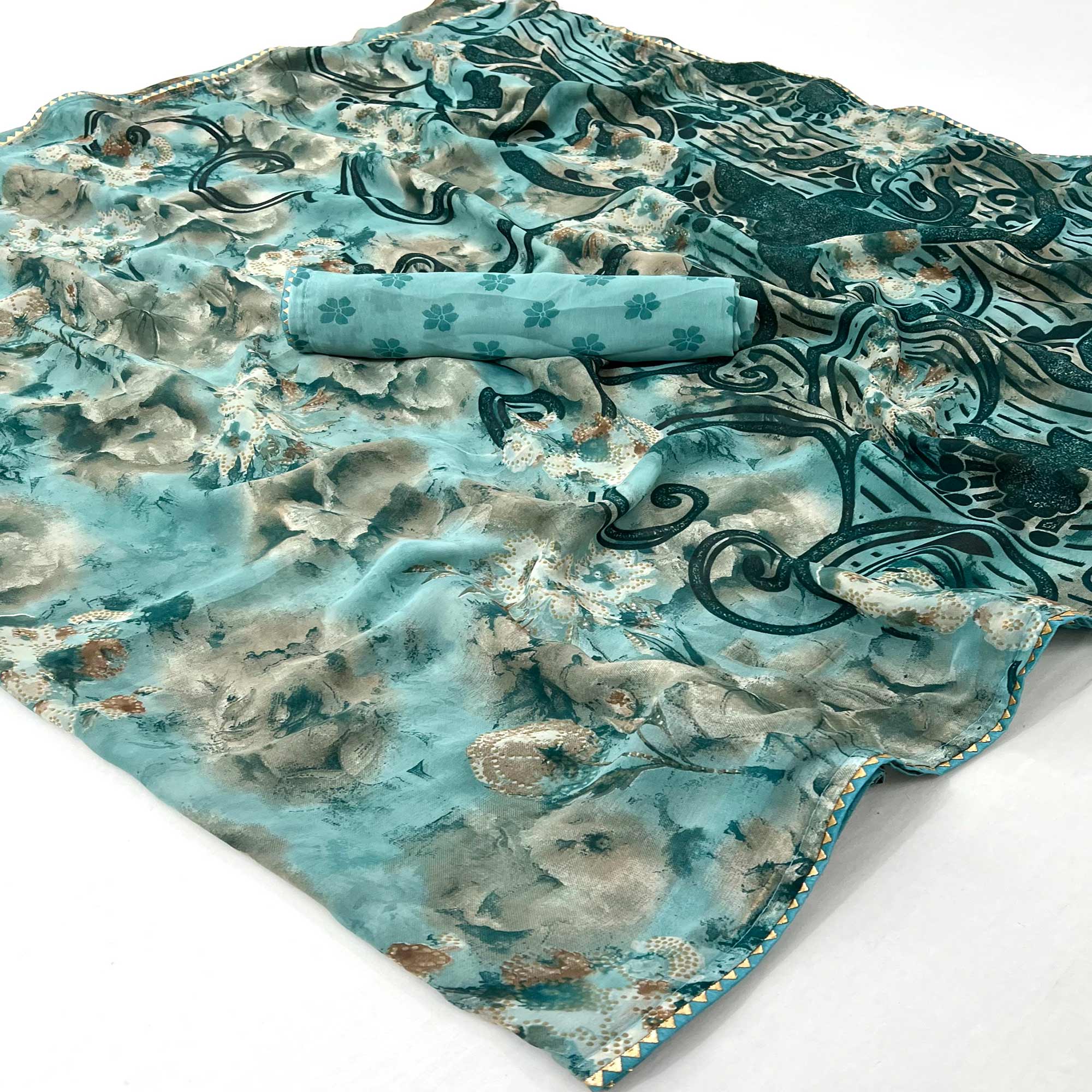 Turquoise Floral Printed Georgette Saree