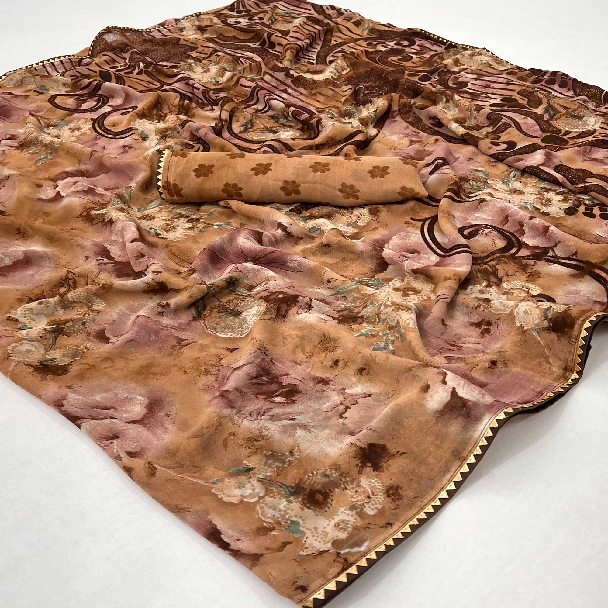 Brown Floral Printed Georgette Saree