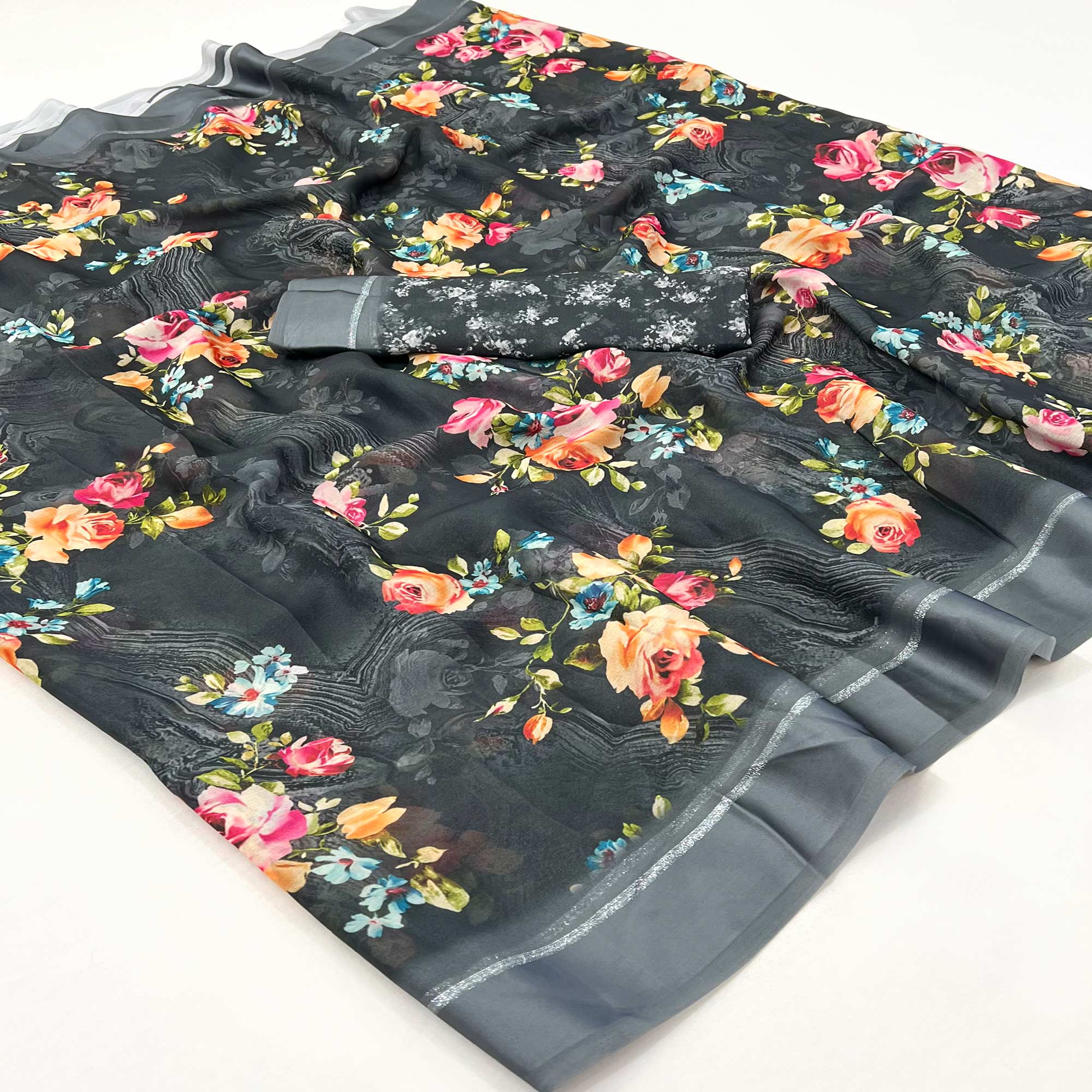 Grey Digital Printed Georgette Saree