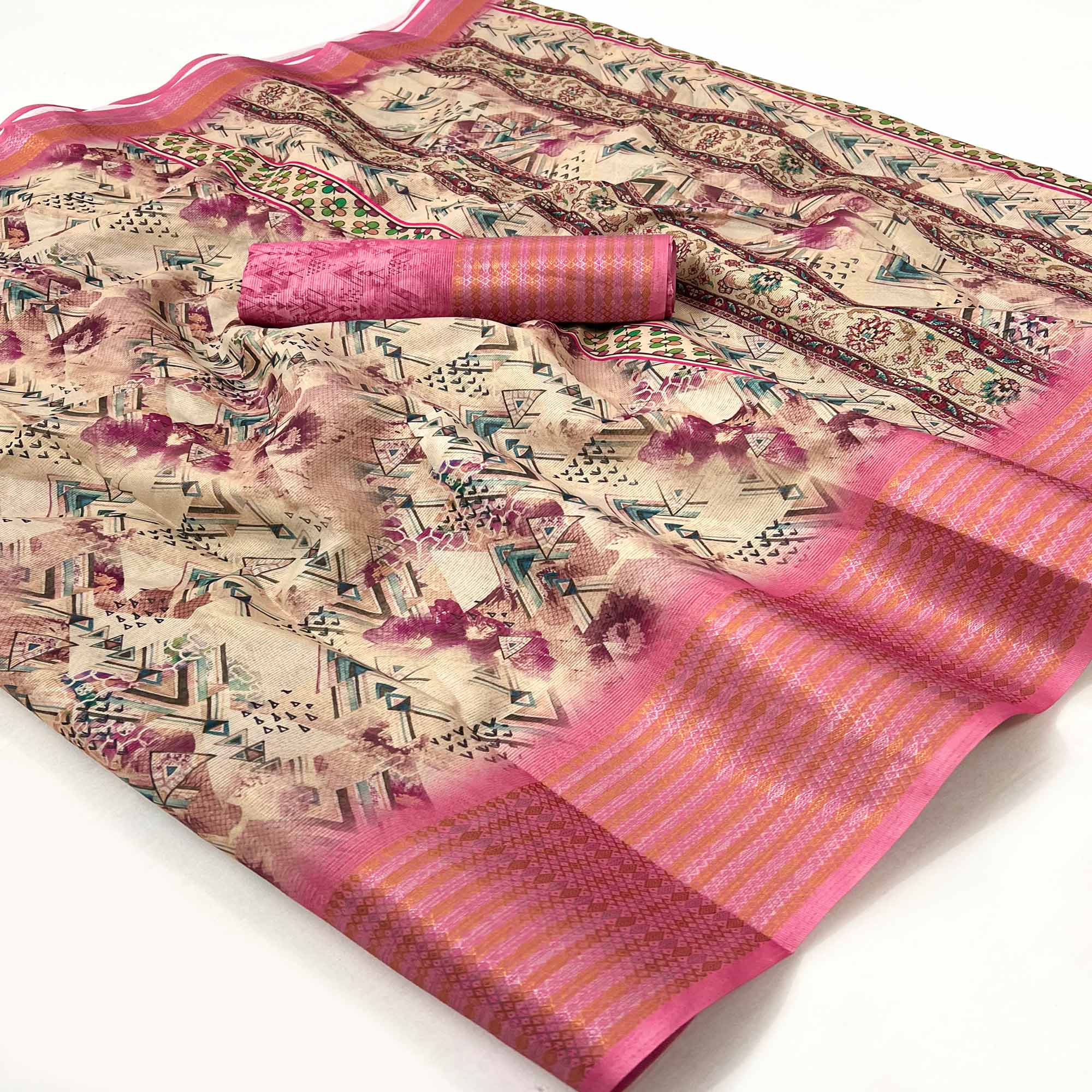 Off White & Pink Digital Printed Cotton Blend Saree