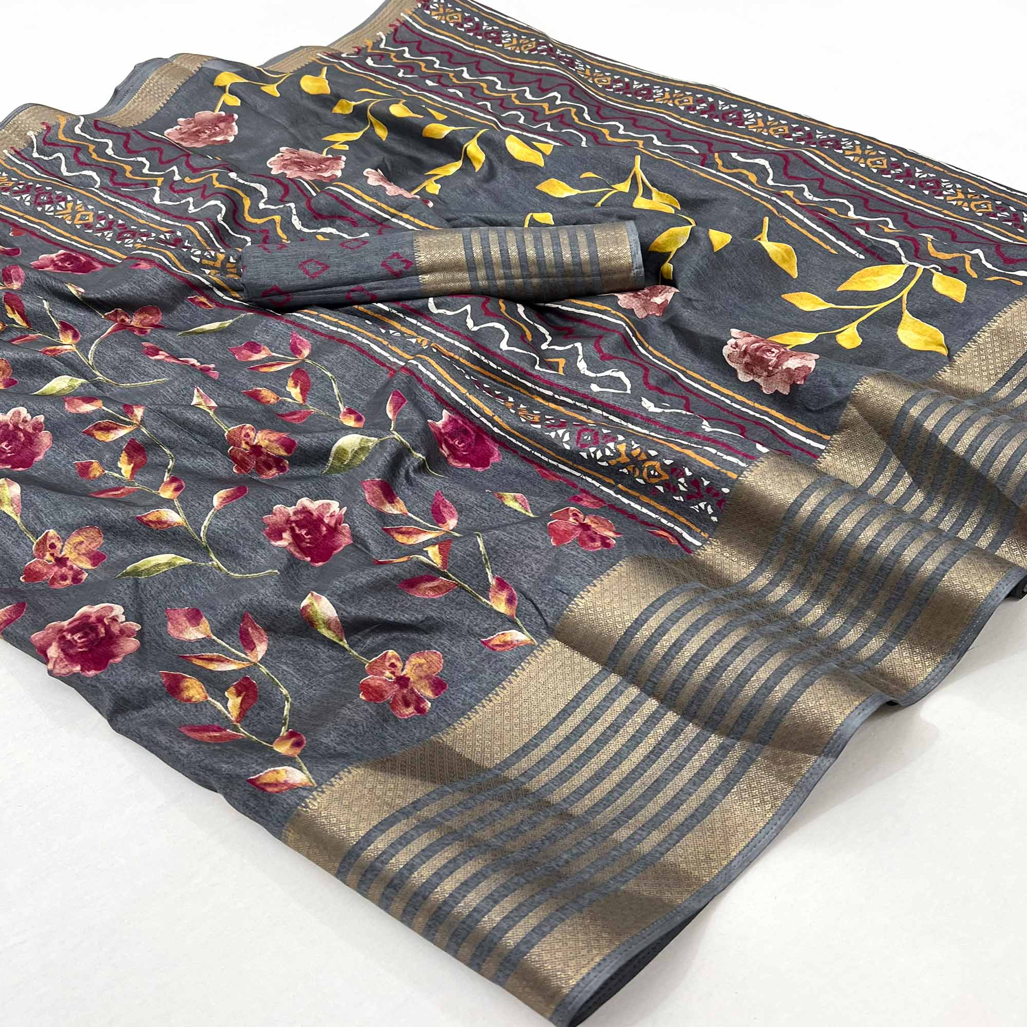 Grey Floral Digital Printed Dola Silk Saree