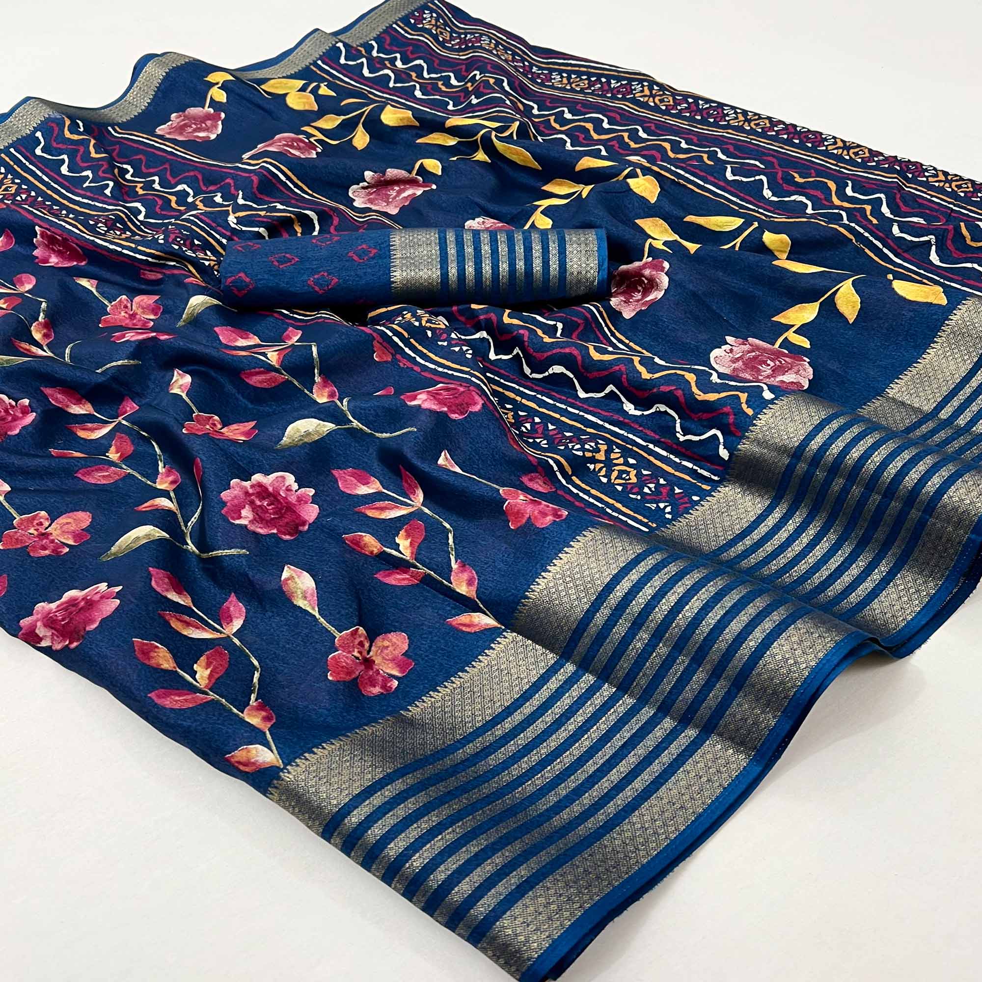 Blue Floral Digital Printed Dola Silk Saree