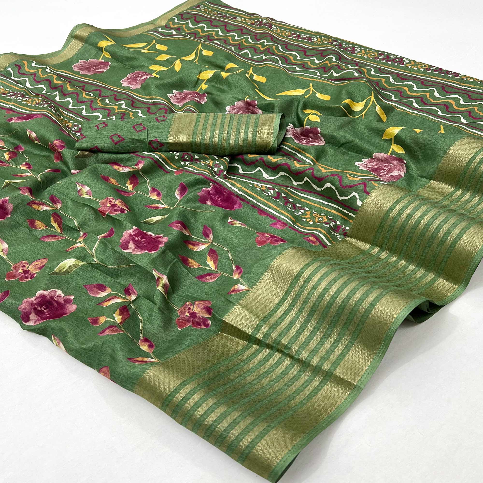 Green Floral Digital Printed Dola Silk Saree