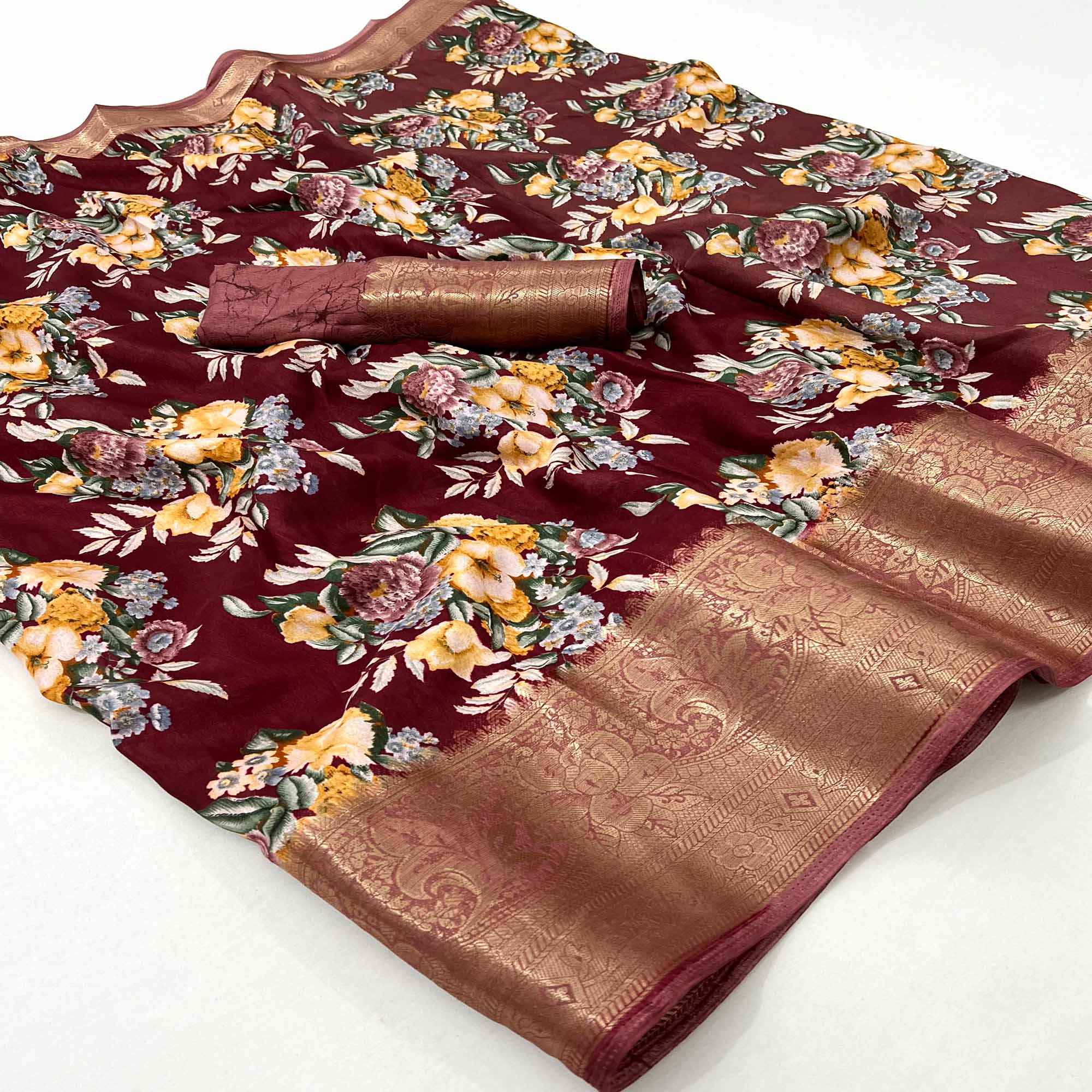 Maroon Floral Digital Printed Dola Silk Saree