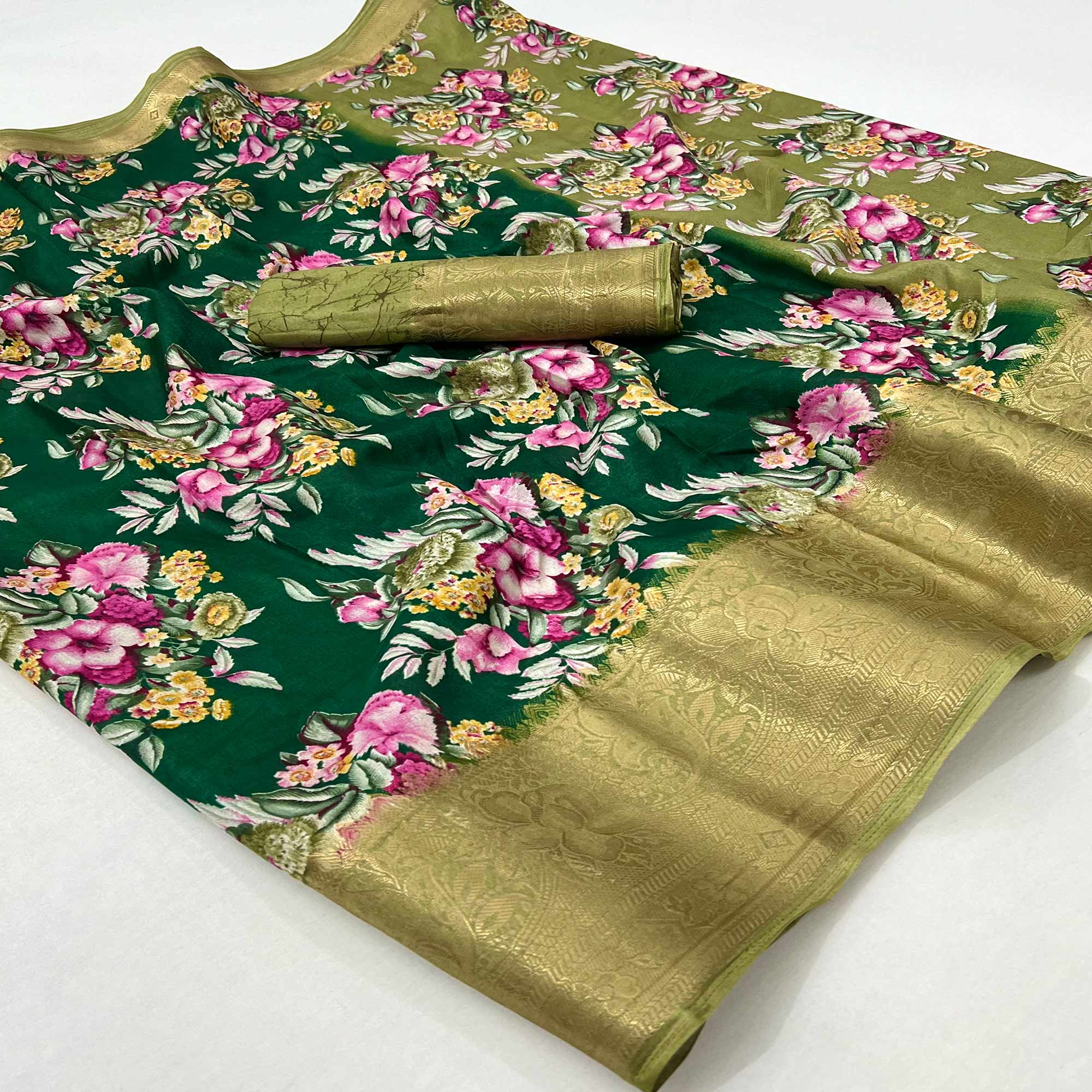 Green Floral Digital Printed Dola Silk Saree