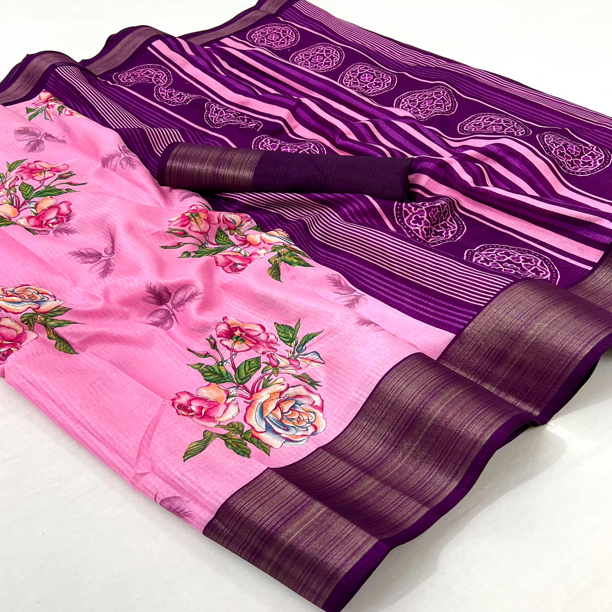Pink Floral Digital Printed Cotton Blend Saree