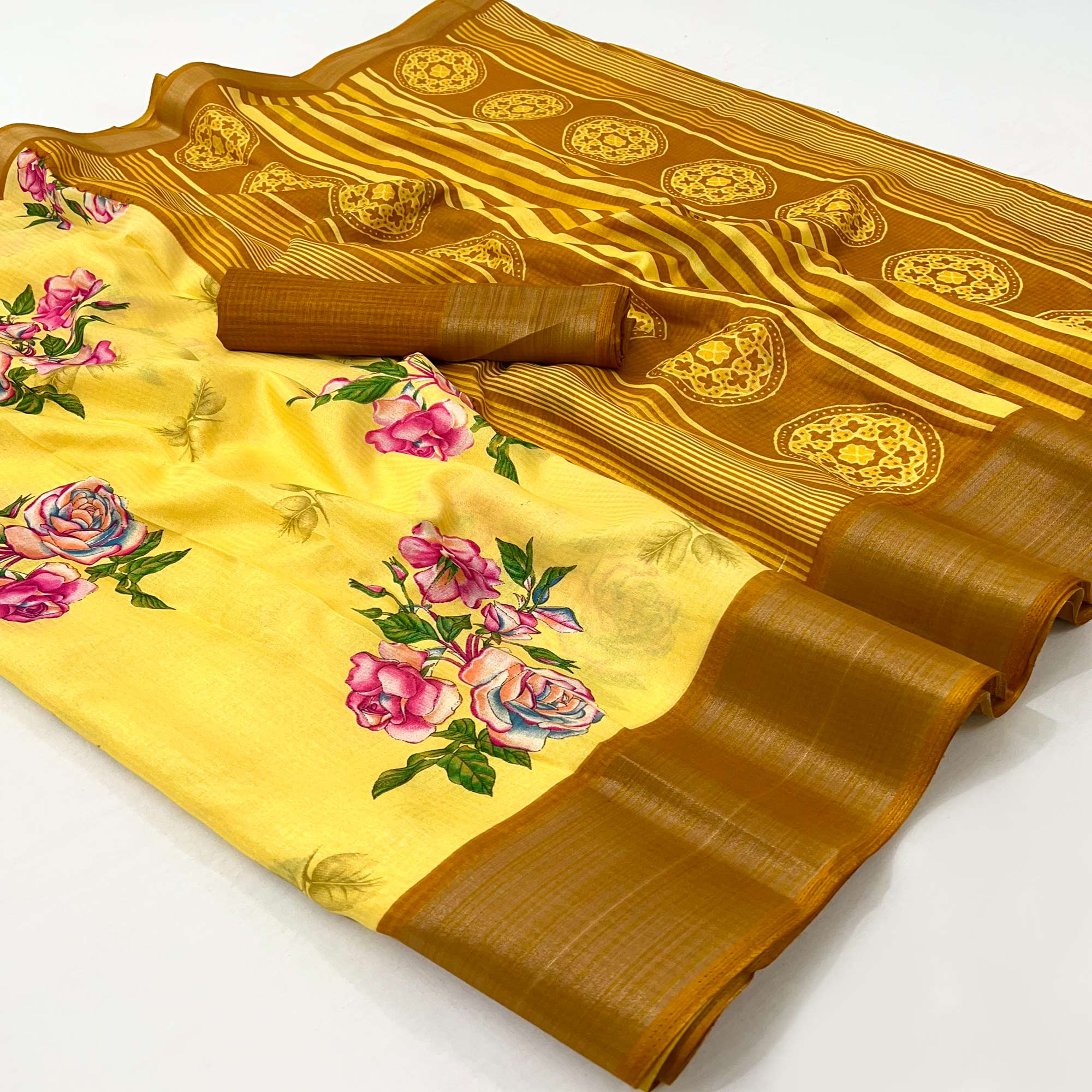 Yellow Floral Digital Printed Cotton Blend Saree
