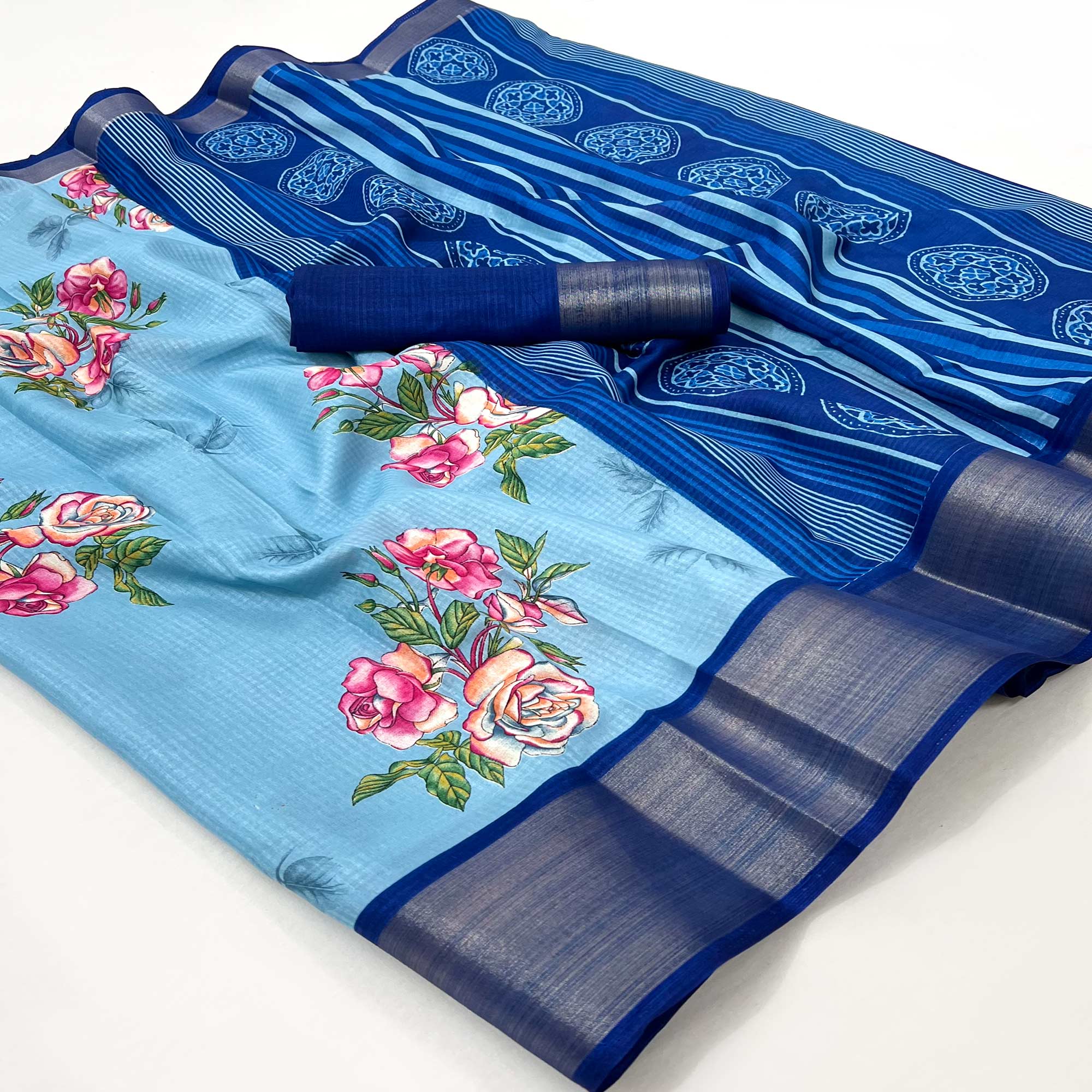 Blue Floral Digital Printed Cotton Blend Saree