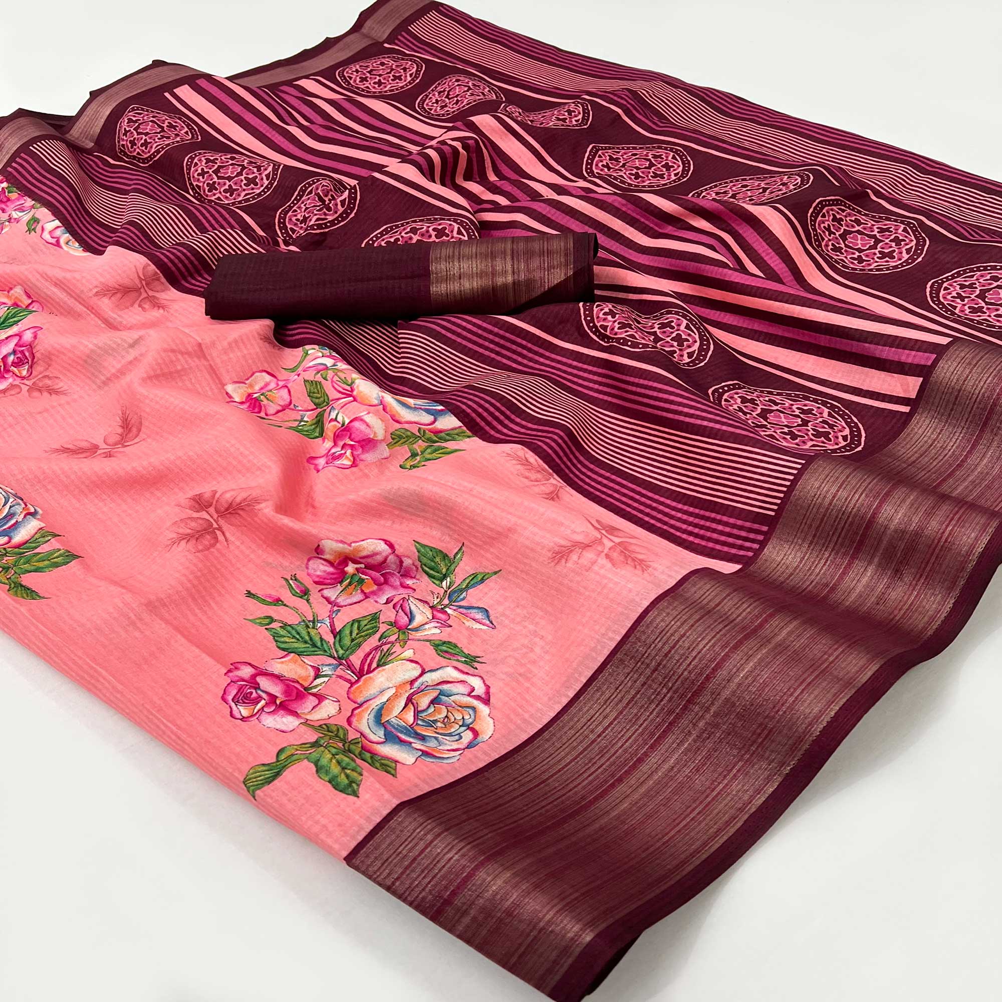 Gajari Pink Floral Digital Printed Cotton Blend Saree