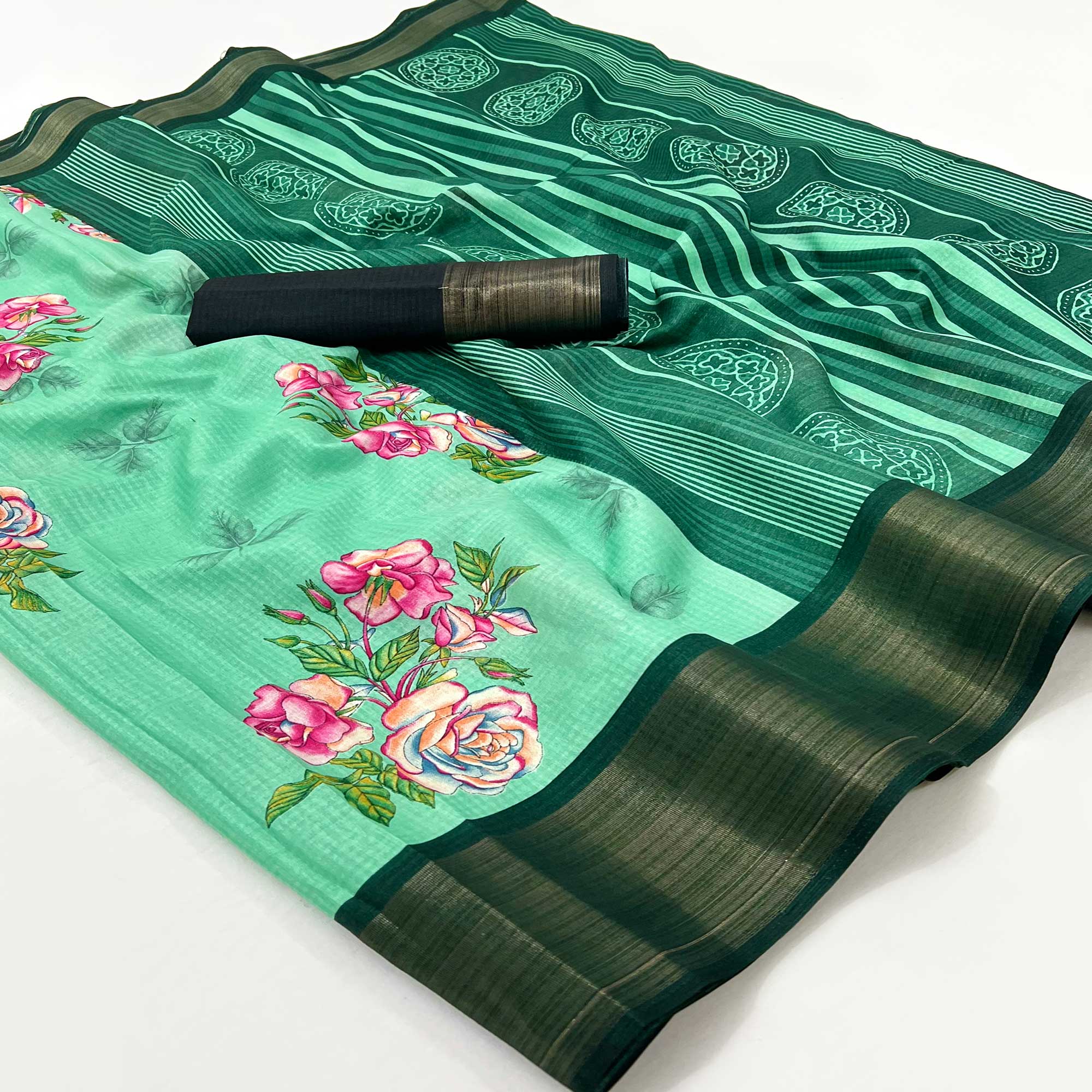 Sea Green Floral Digital Printed Cotton Blend Saree