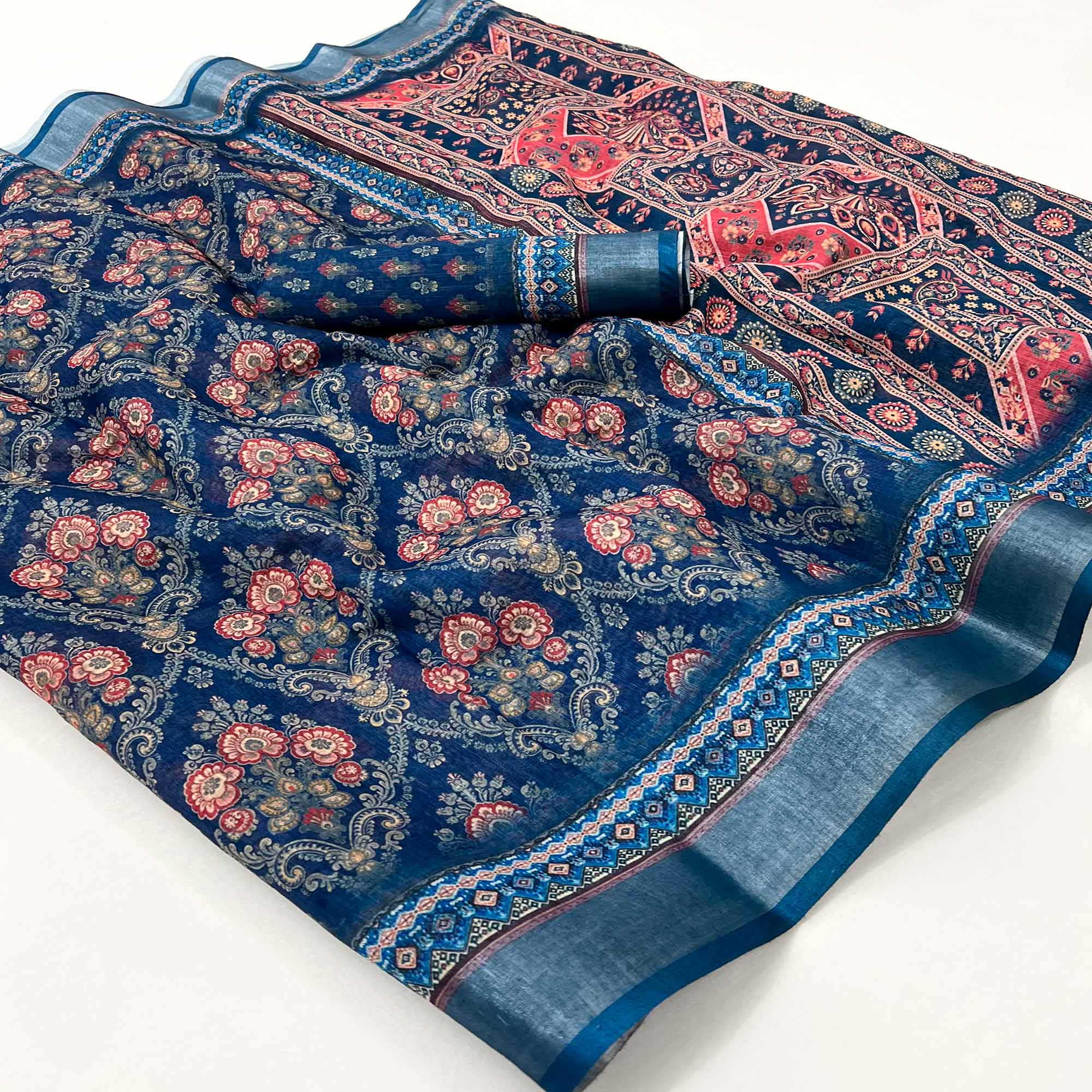 Blue Floral Digital Printed Linen Saree