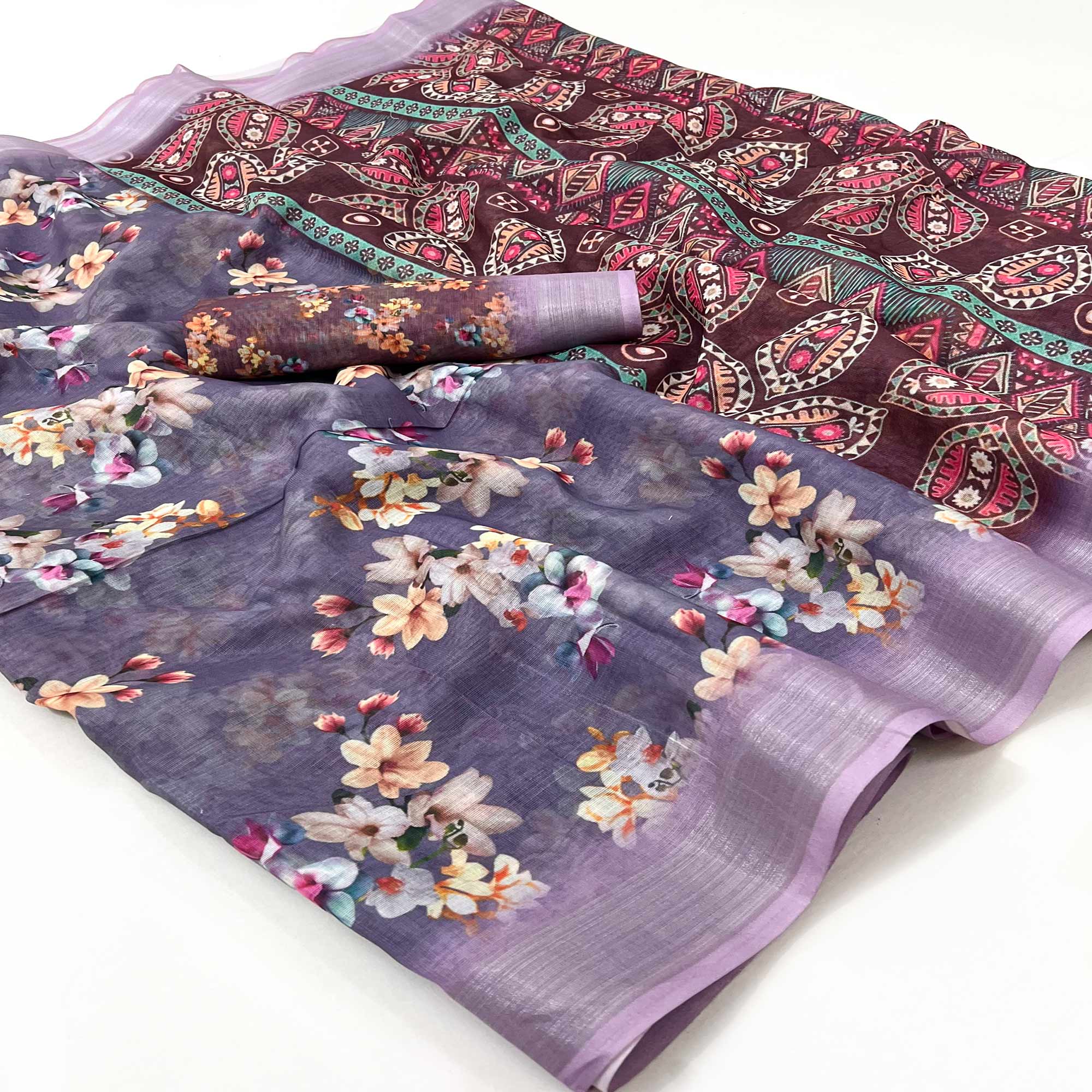 Purple Floral Digital Printed Linen Saree