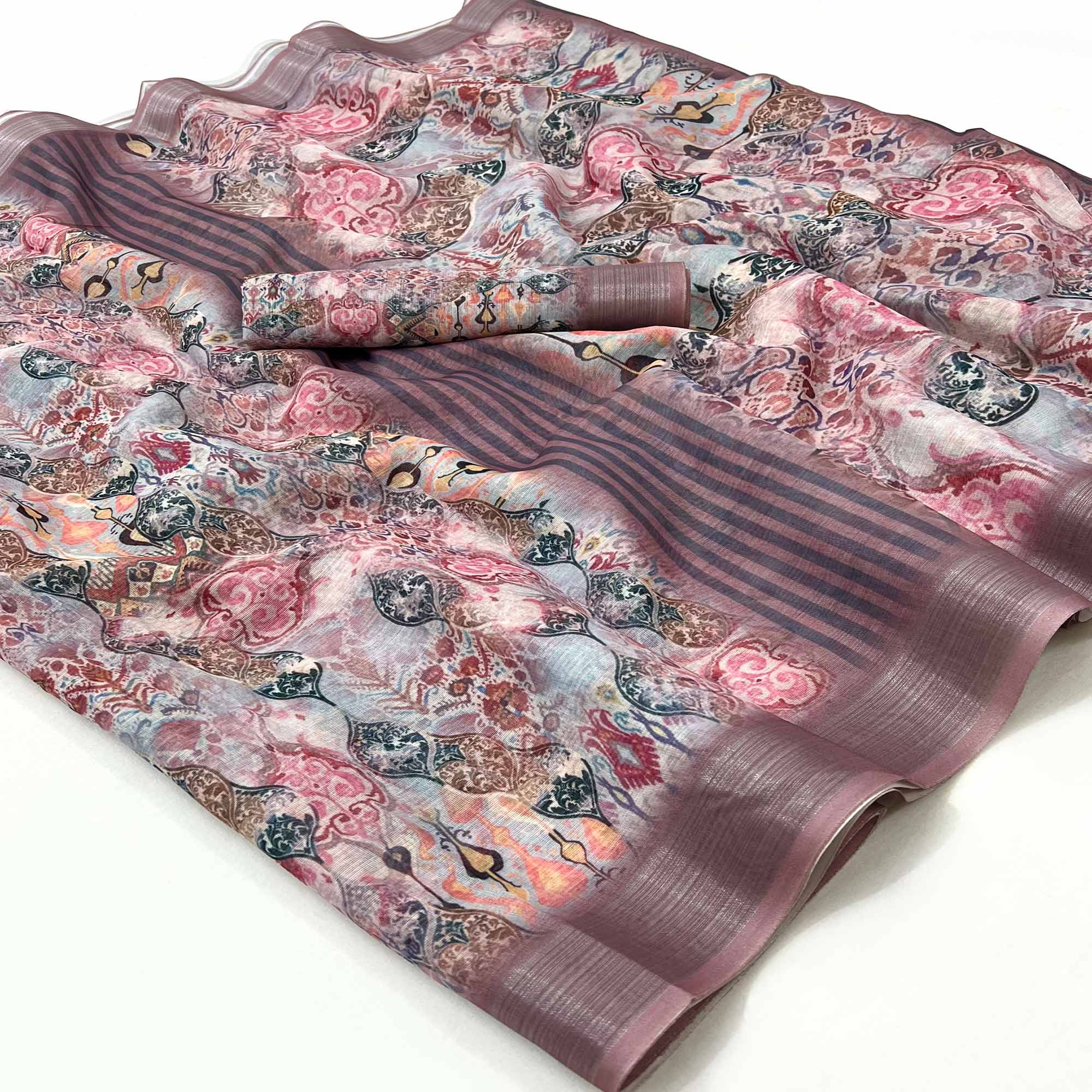 Peach Floral Digital Printed Linen Saree