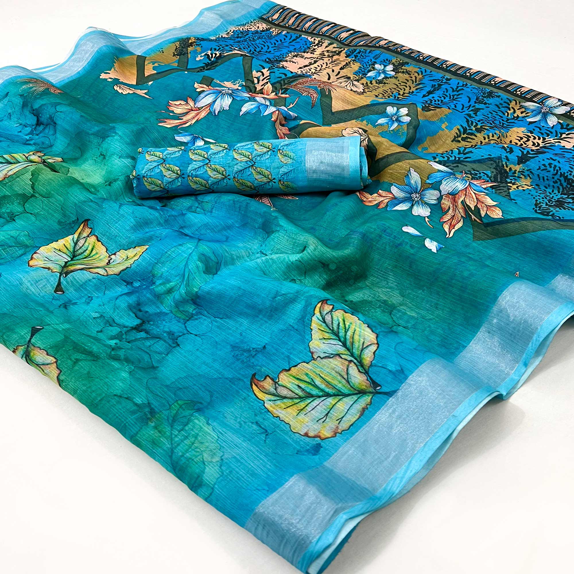Blue Floral Digital Printed Linen Saree