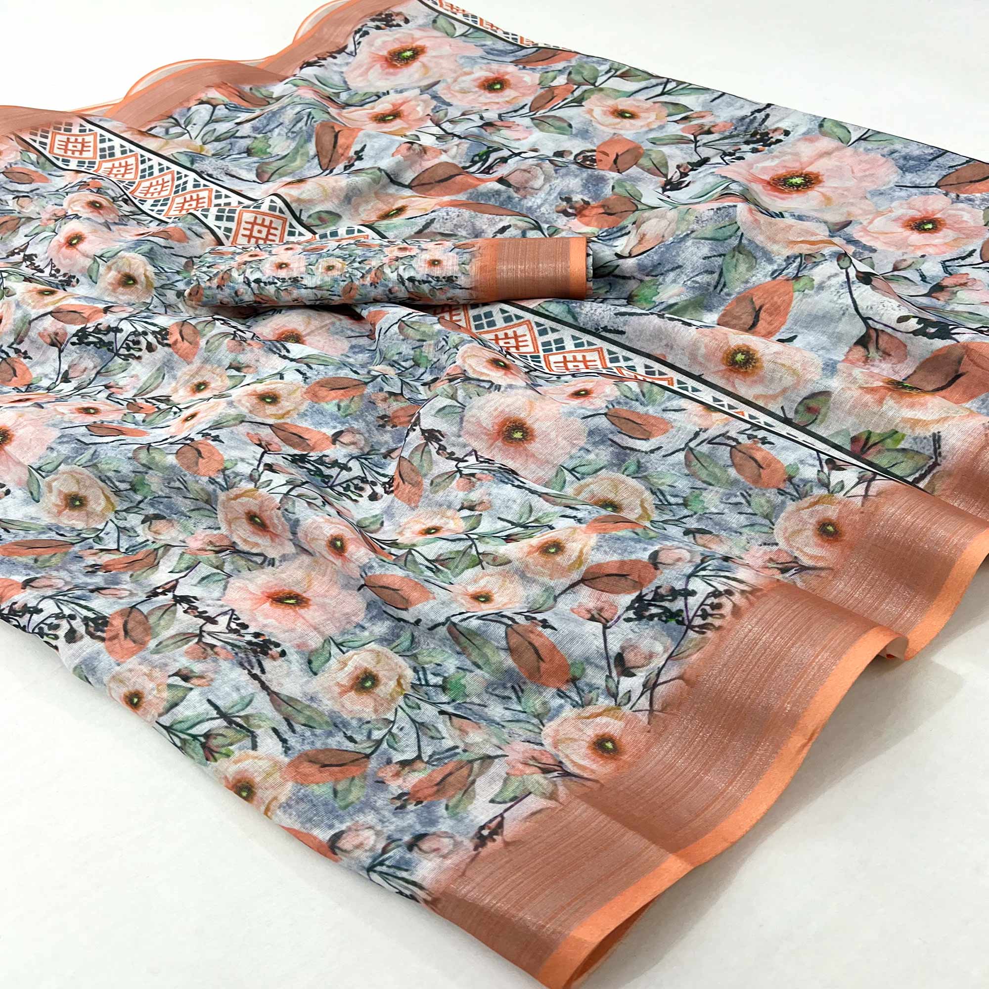 Light Orange Floral Digital Printed Linen Saree