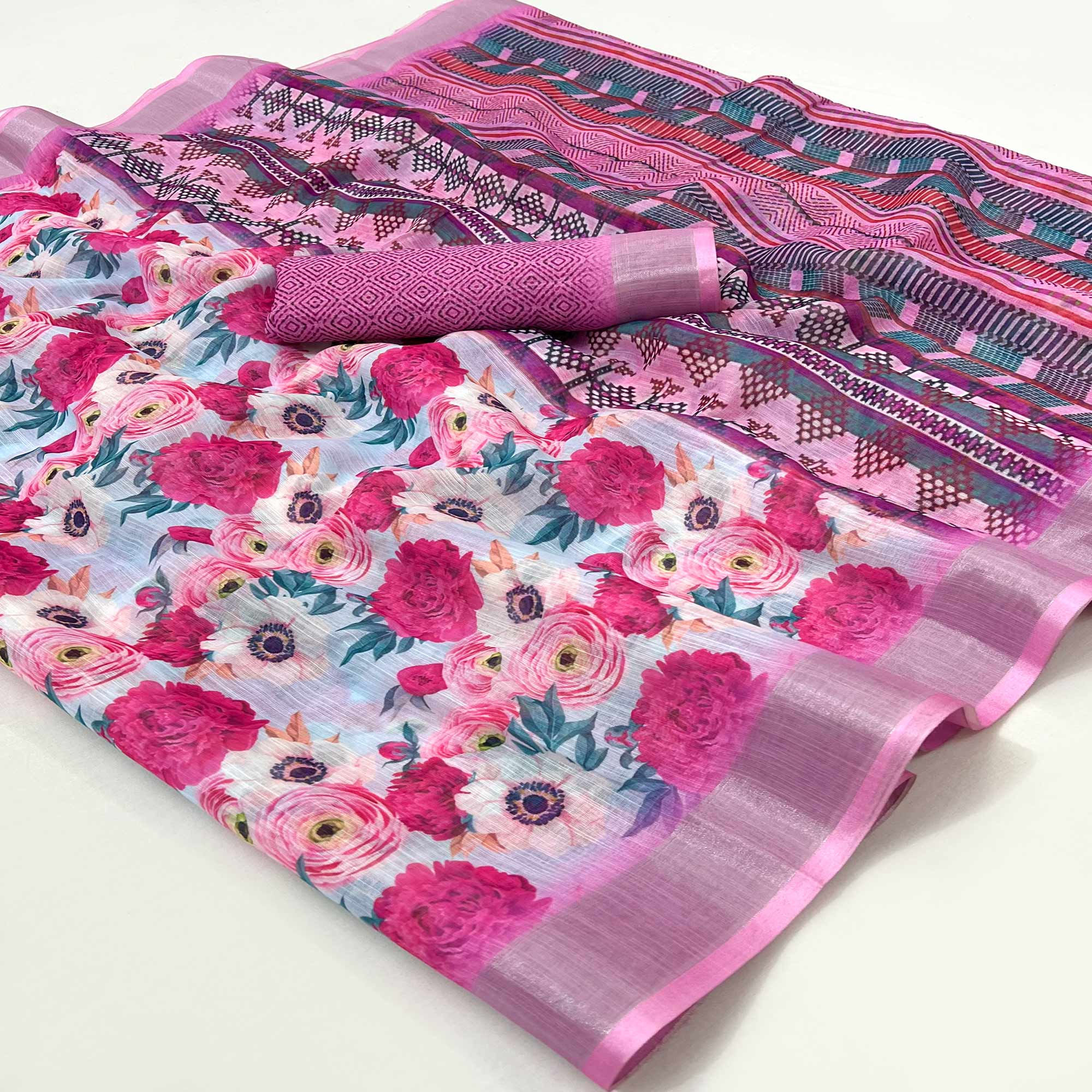 Pink Floral Digital Printed Linen Saree