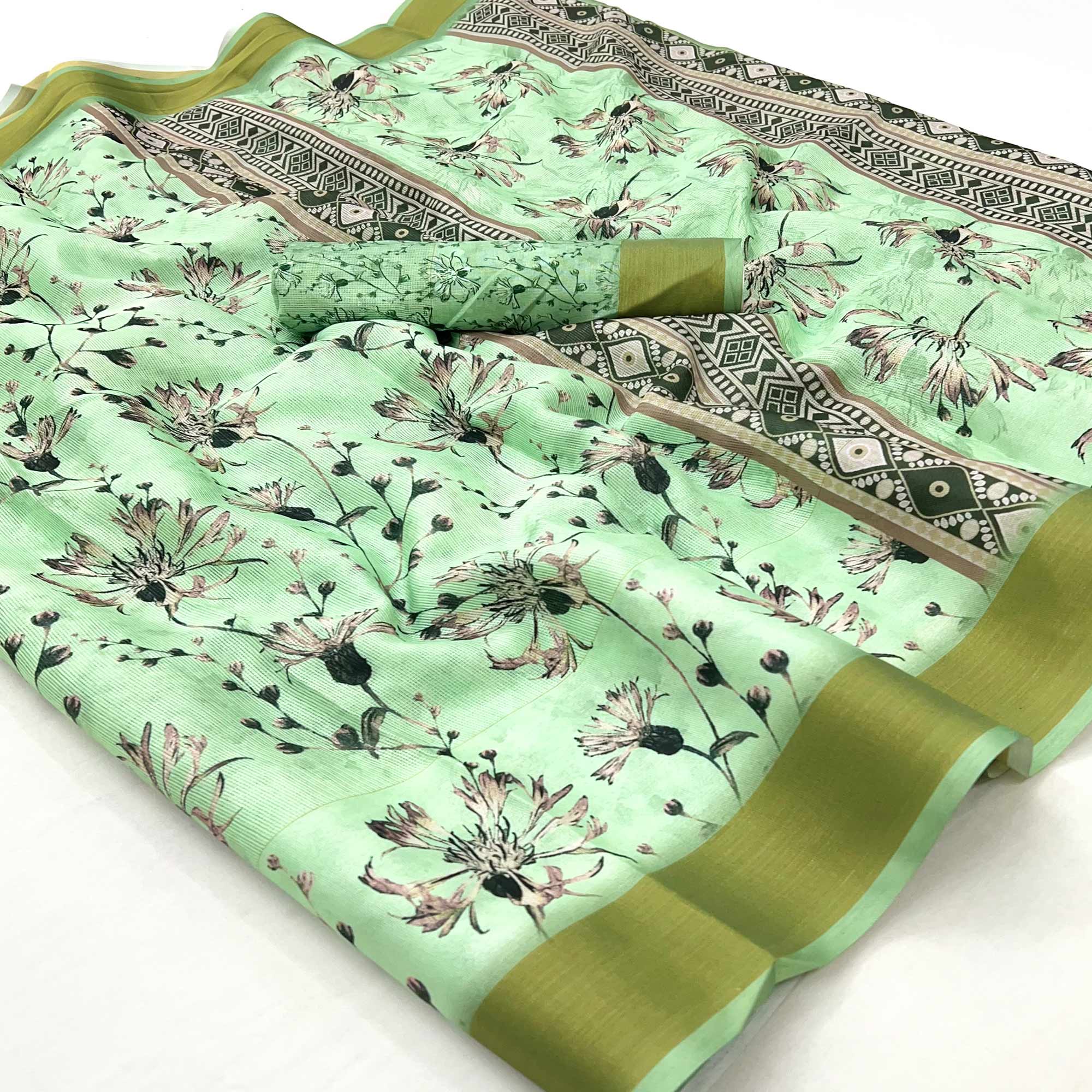 Green Floral Digital Printed Cotton Blend Saree