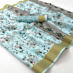Blue Floral Digital Printed Cotton Blend Saree