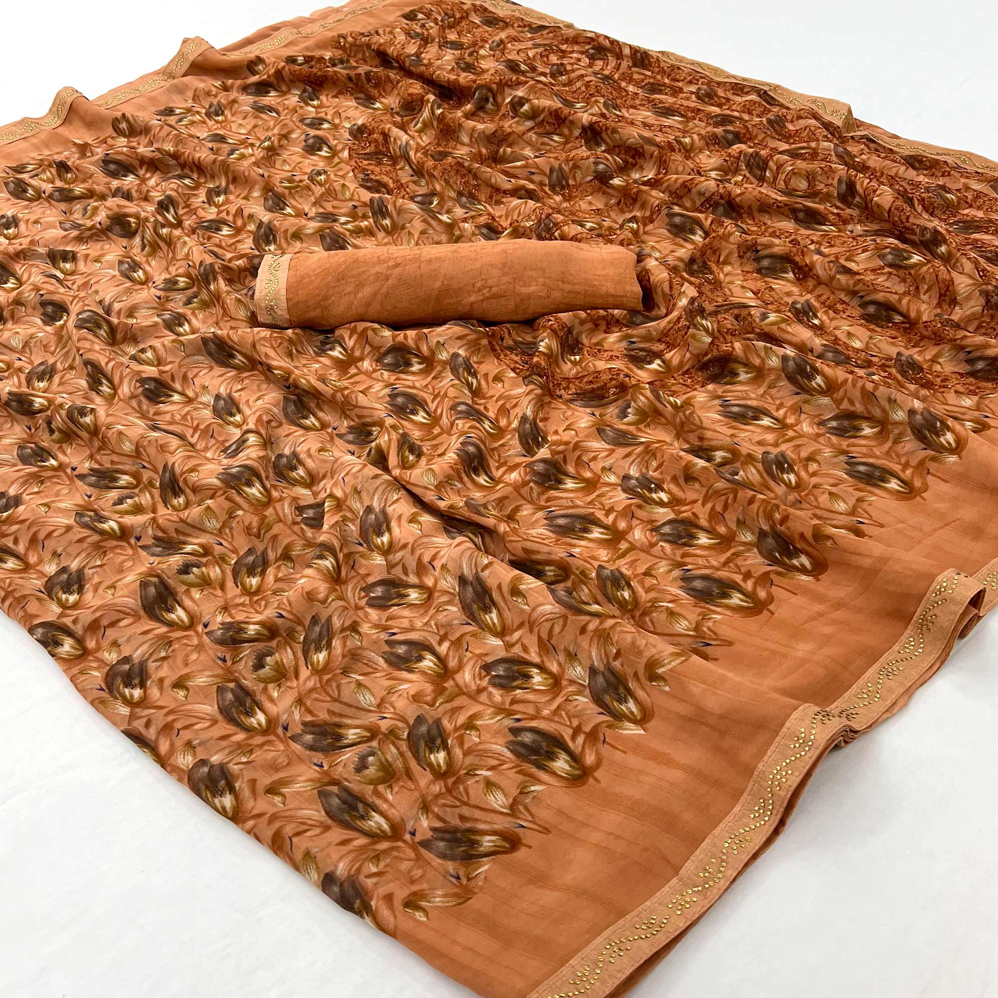 Rust Floral Printed Georgette Saree