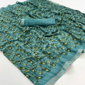Teal Floral Printed Georgette Saree