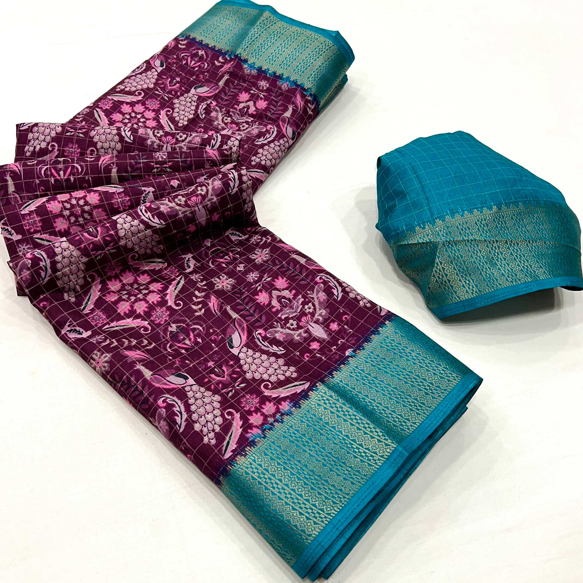 Wine Floral Printed Dola Silk Saree With Woven Border