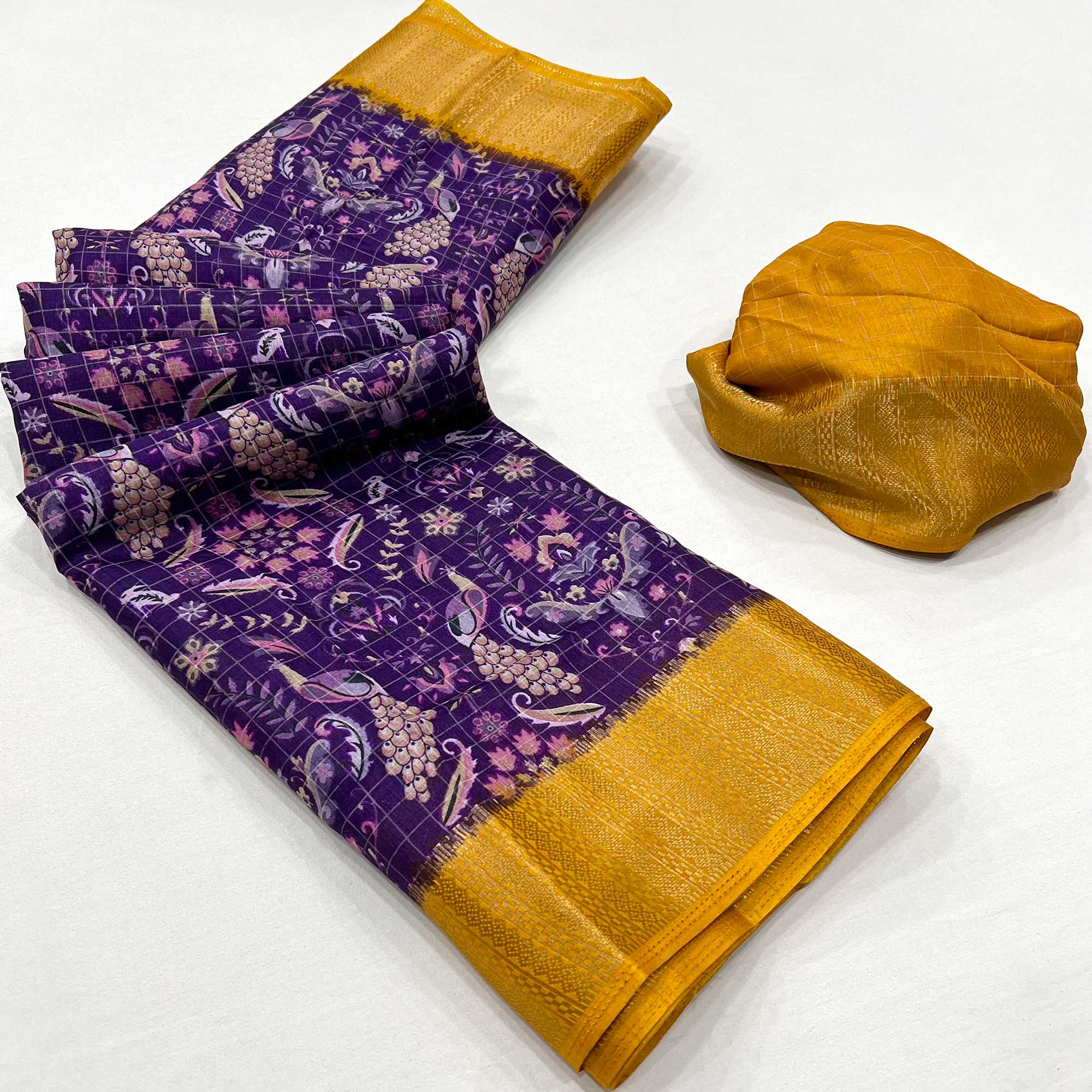 Purple Floral Printed Dola Silk Saree With Woven Border